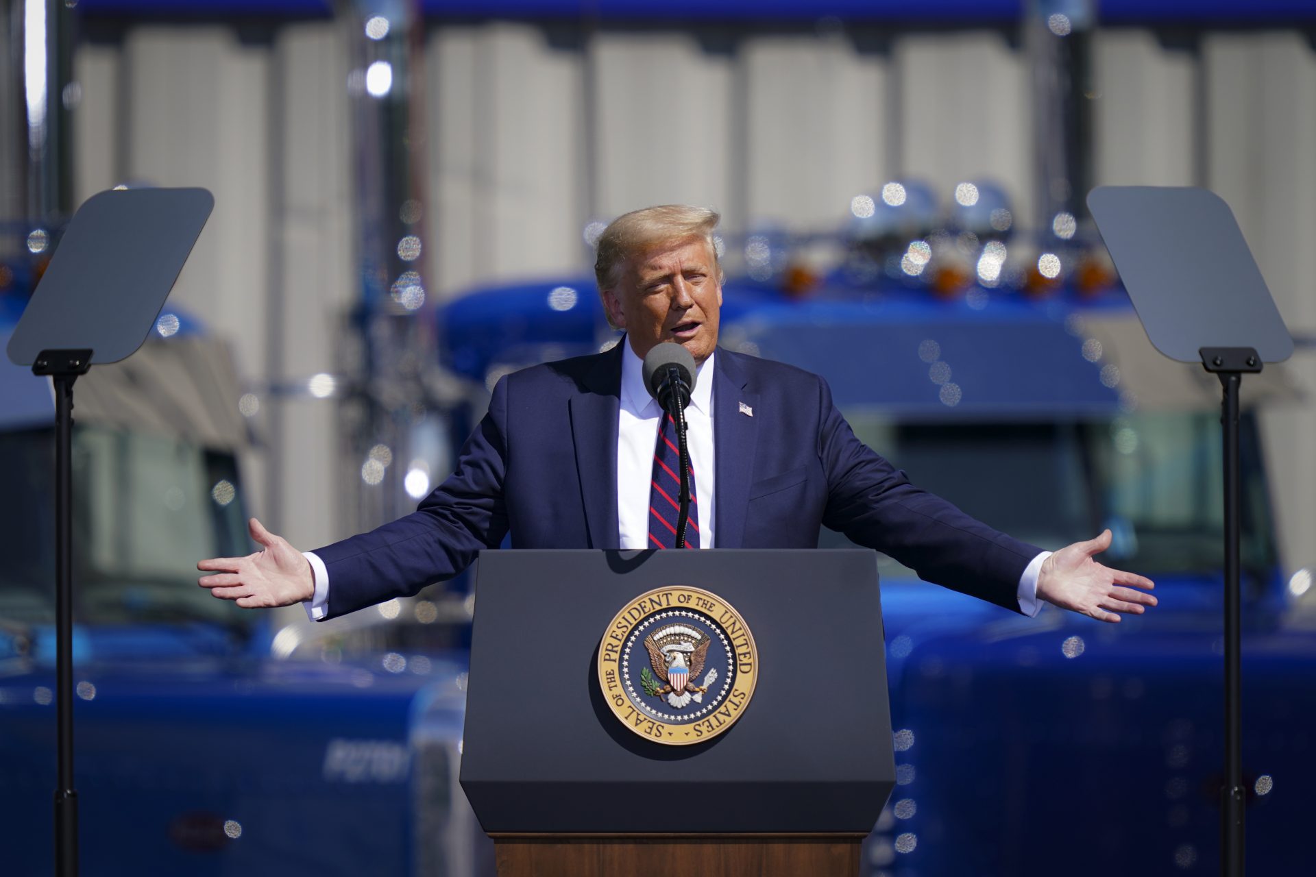 President Donald Trump speaks during a campaign rally at Mariotti Building Products, Thursday, Aug. 20, 2020, in Old Forge, Pa.