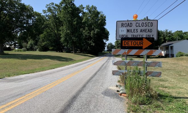 A sign offers a warning to drivers in Chanceford Township, York County that Old Forge Road is closed on July 21, 2020, two years after it was damaged in flash floods. 