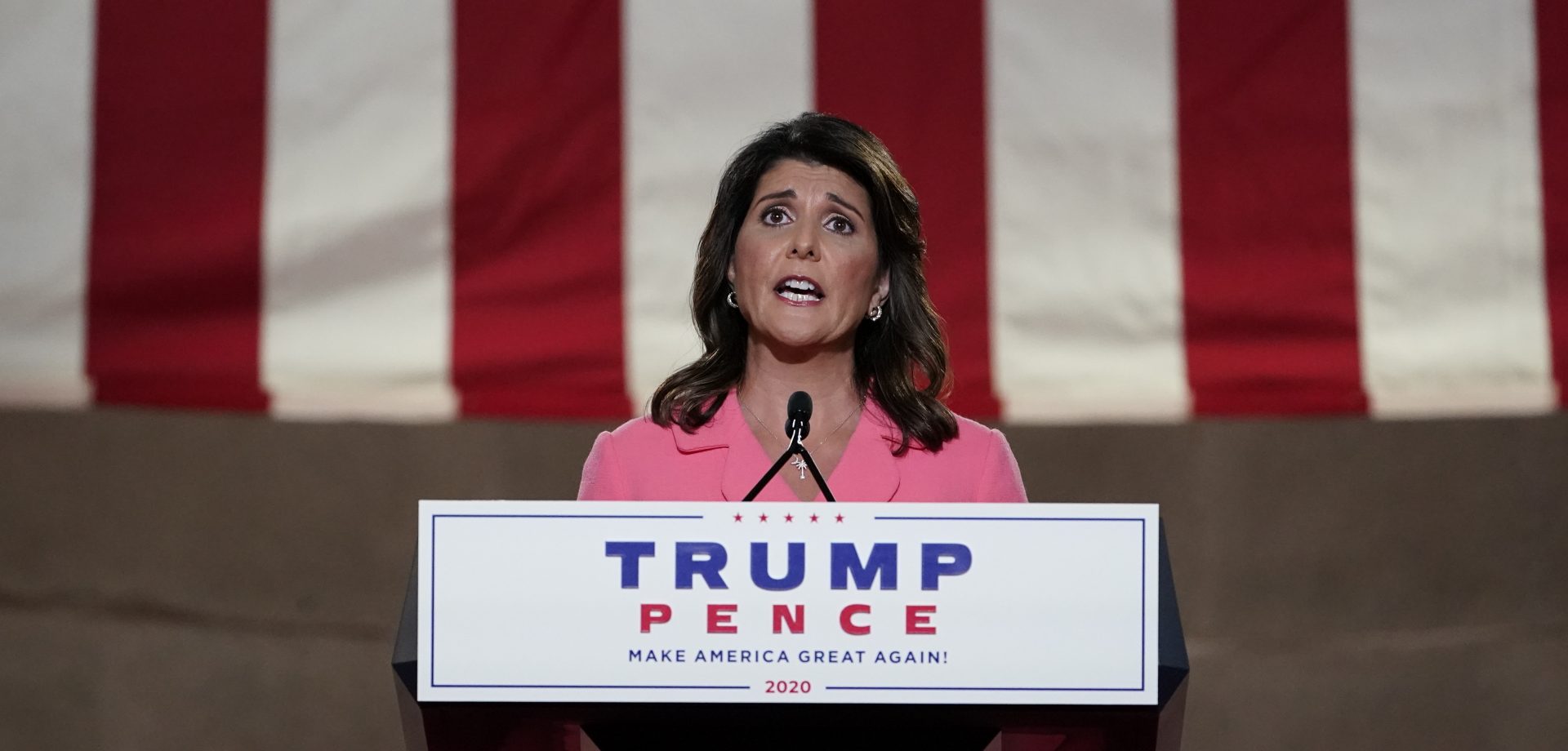 Former U.N. Ambassador Nikki Haley speaks during the Republican National Convention from the Andrew W. Mellon Auditorium in Washington, Monday, Aug. 24, 2020.