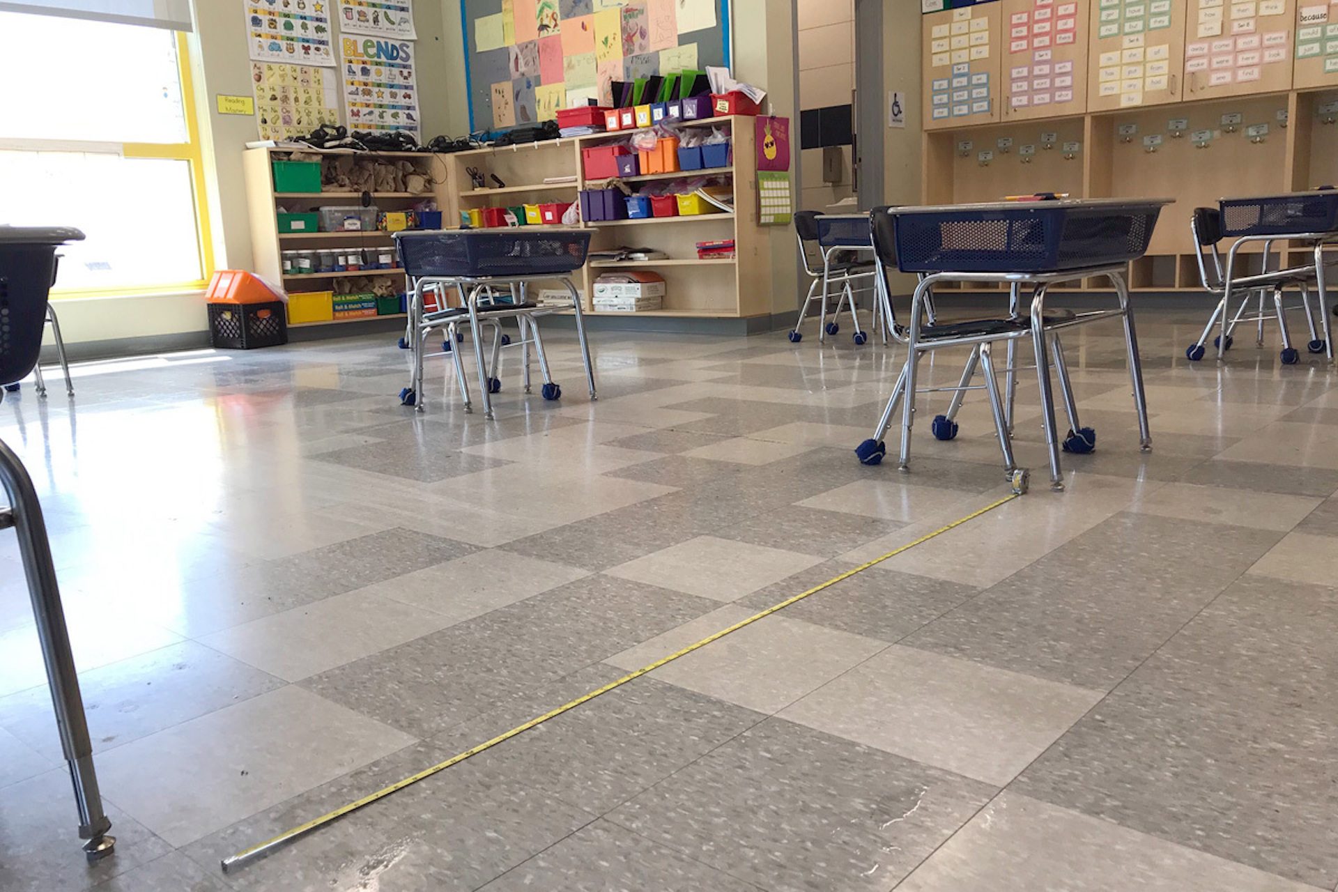 Desks are spaced out 6-feet apart in a classroom at Camden Prep, a charter school in Camden, New Jersey.