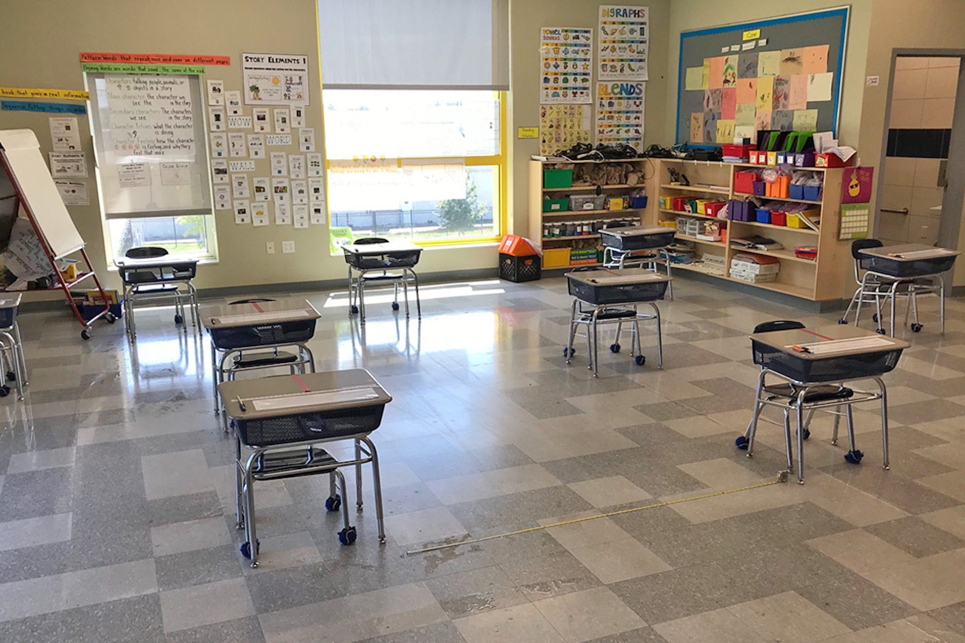 Desks are spaced out 6-feet apart in a classroom at Camden Prep, a charter school in Camden, New Jersey.