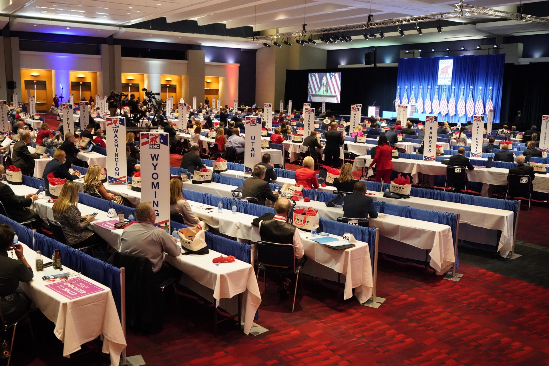 Delegates are seated for the first day of the Republican National Convention, Monday, Aug. 24, 2020, in Charlotte, N.C.