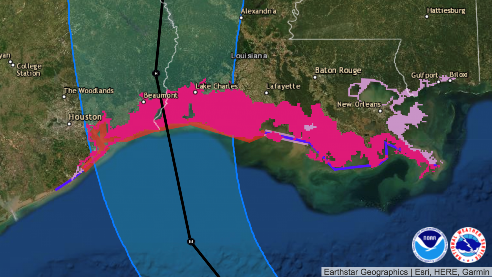 Hurricane Laura will bring a potentially perilous storm surge when it makes landfall — likely near the Texas-Louisiana border, forecasters say. In this graphic, the magenta and pink areas reflect storm surge alerts.