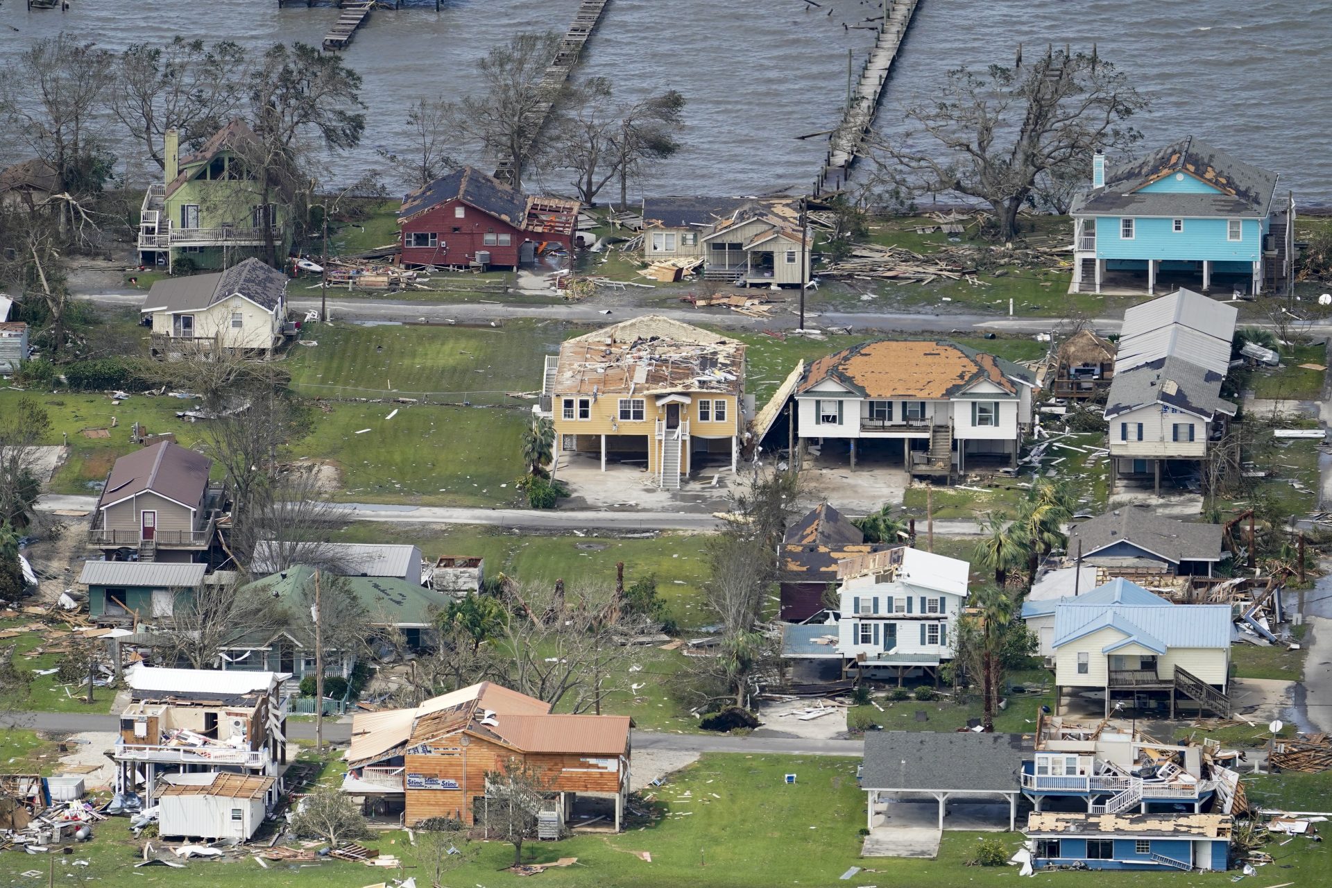 Buildings and homes are damaged in the aftermath of Hurricane Laura Thursday, Aug. 27, 2020, near Lake Charles, La.