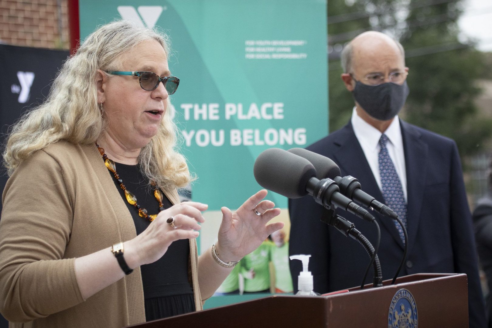 Early on in the pandemic, Pennsylvania Health Secretary Rachel Levine (shown here in York County with Gov. Tom Wolf) cited a decades-old law as a reason for withholding the number of COVID-19 tests the state was conducting and the number of cases in nursing homes. She later reversed course.