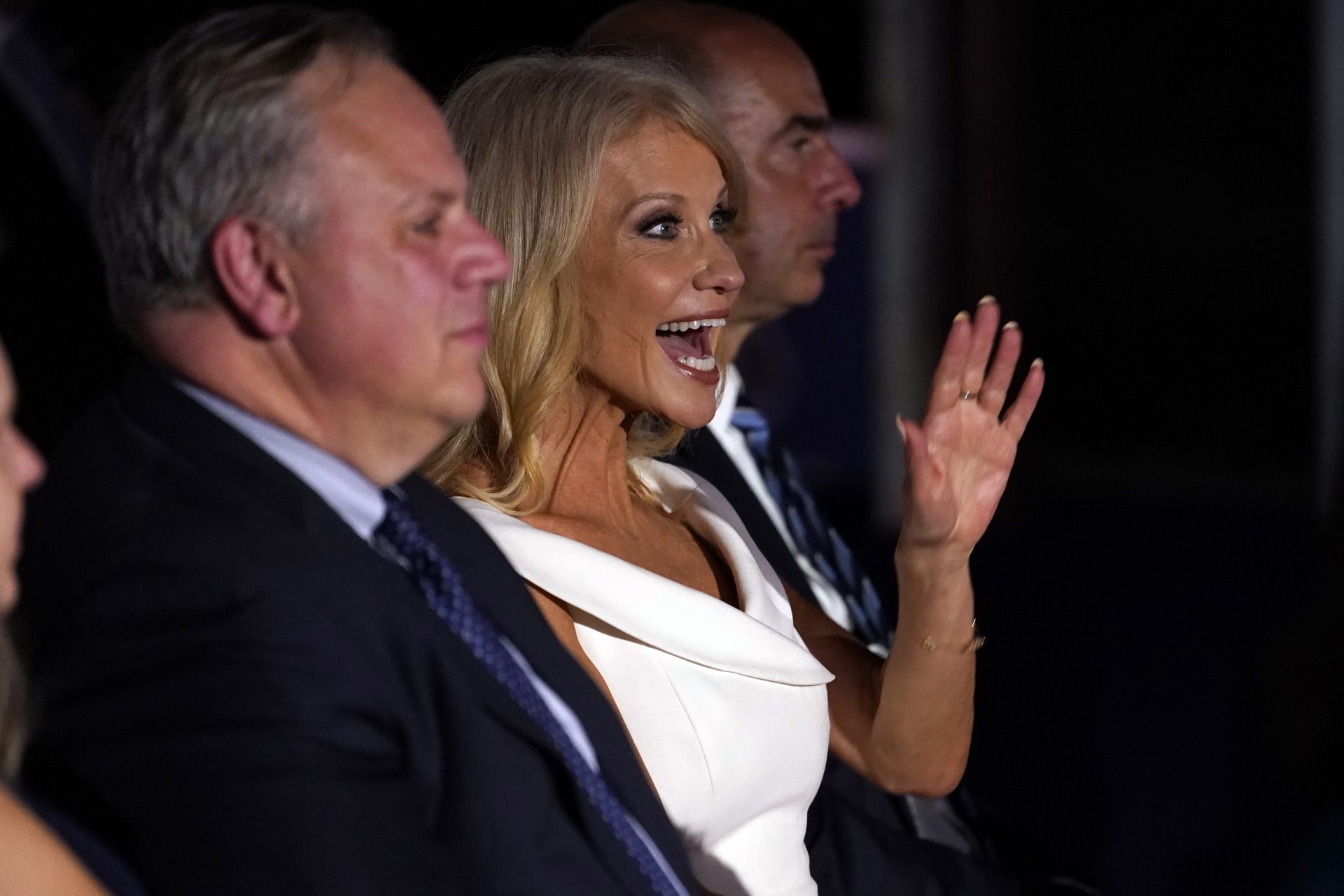 White House counselor Kellyanne Conway waves as she waits to hear Vice President Mike Pence speak on the third day of the Republican National Convention at Fort McHenry National Monument and Historic Shrine in Baltimore, Wednesday, Aug. 26, 2020.