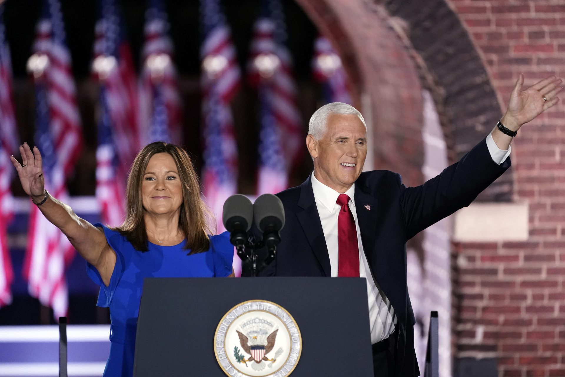 Vice President Mike Pence arrives with his wife Karen Pence to speak on the third day of the Republican National Convention at Fort McHenry National Monument and Historic Shrine in Baltimore, Wednesday, Aug. 26, 2020.