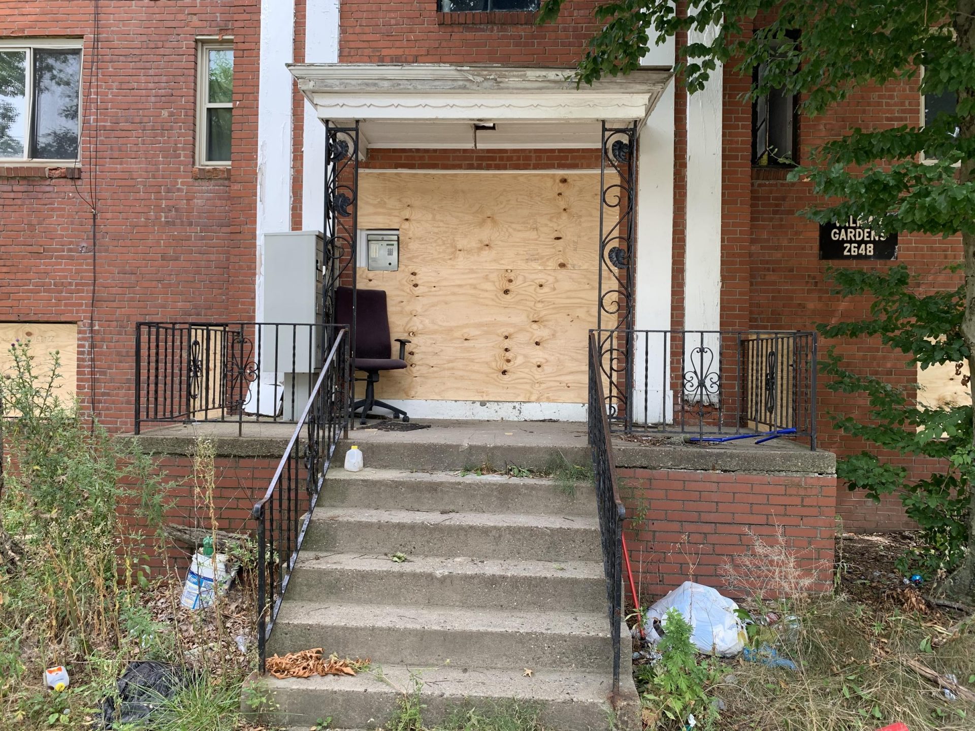 Residents have vacated all but one of Valmar Garden's four apartment buildings. Penn Hills authorities have boarded up many of the structures' windows and doorways.