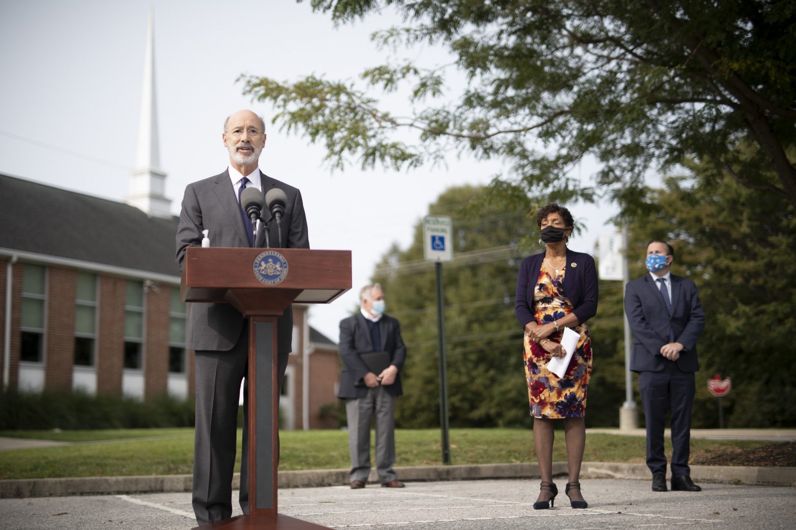 Pennsylvania Governor Tom Wolf speaking to the press outside York Grace Brethren Church in York, on Tuesday, Sept. 15. Wolf was urging immediate legislative action on voting rules ahead of the presidential election Nov. 3. 