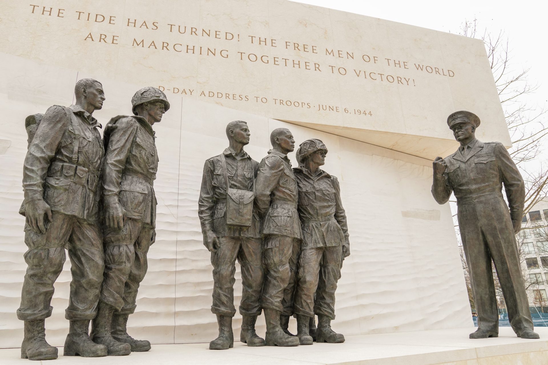 Eisenhower's words — such as his D-Day address to the troops — are inscribed in the memorial.