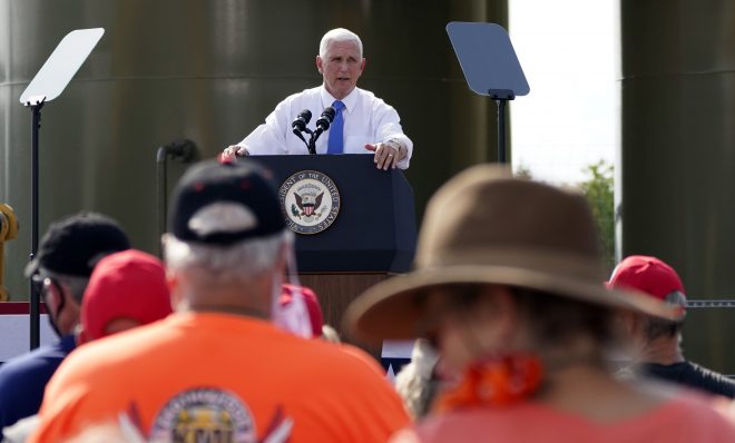 Vice President Mike Pence speaks at a campaign event at a PennEnergy Resources site on Wednesday Sept. 9. 2020, in Freedom, Pa. 