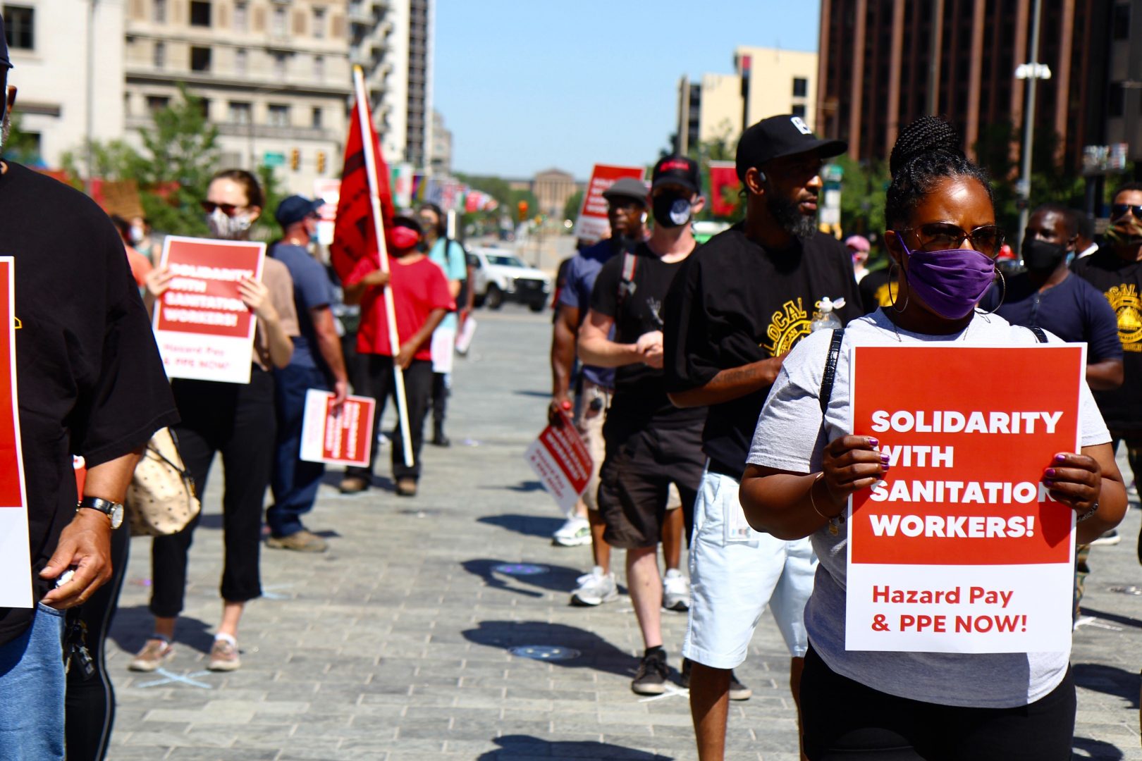 Labor union members including teachers and librarians joined a solidarity protest for the conditions of sanitation workers in the city of Philadelphia