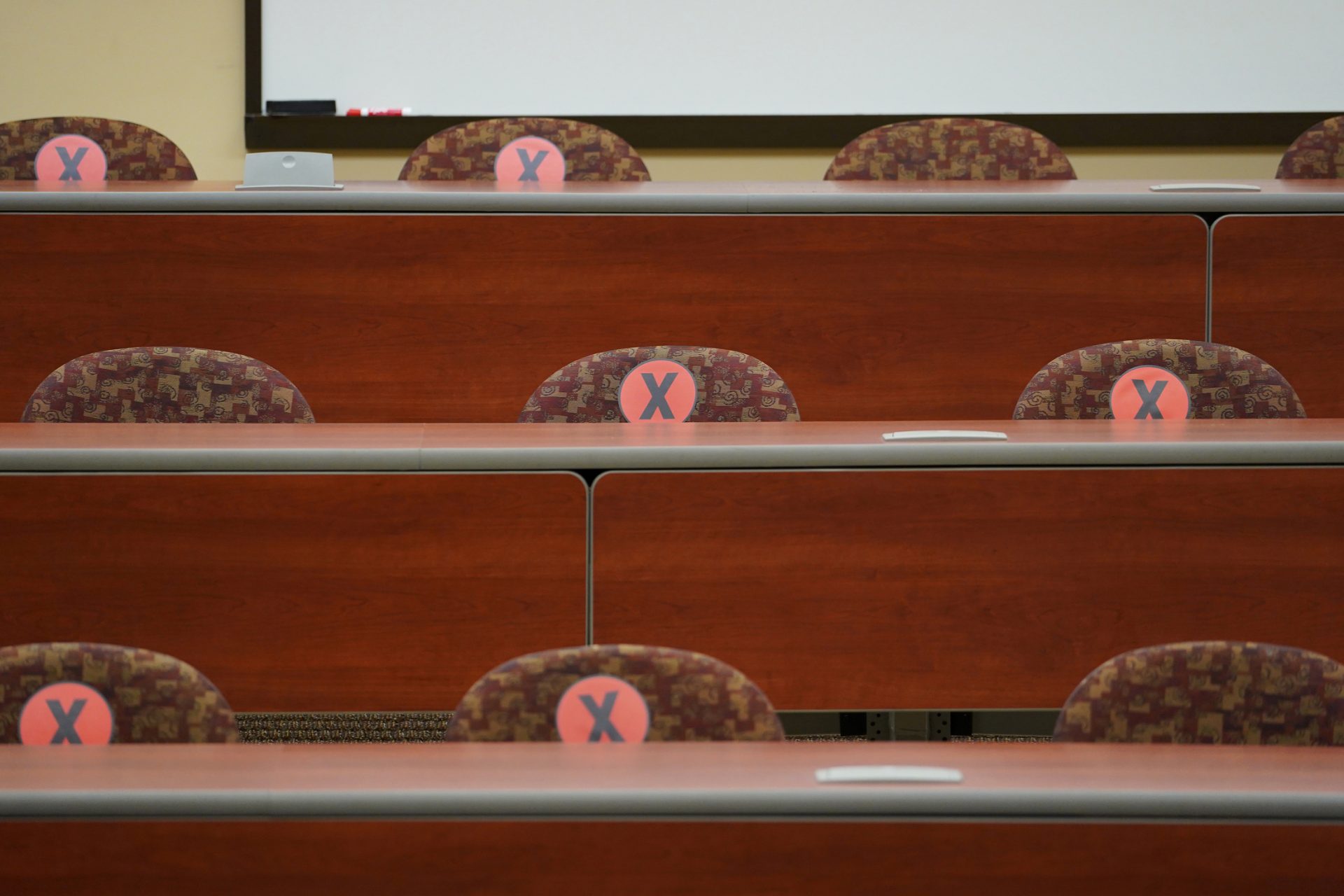 Signage marks where students can sit in a lecture hall at the Academic Forum at Kutztown University in Kutztown.