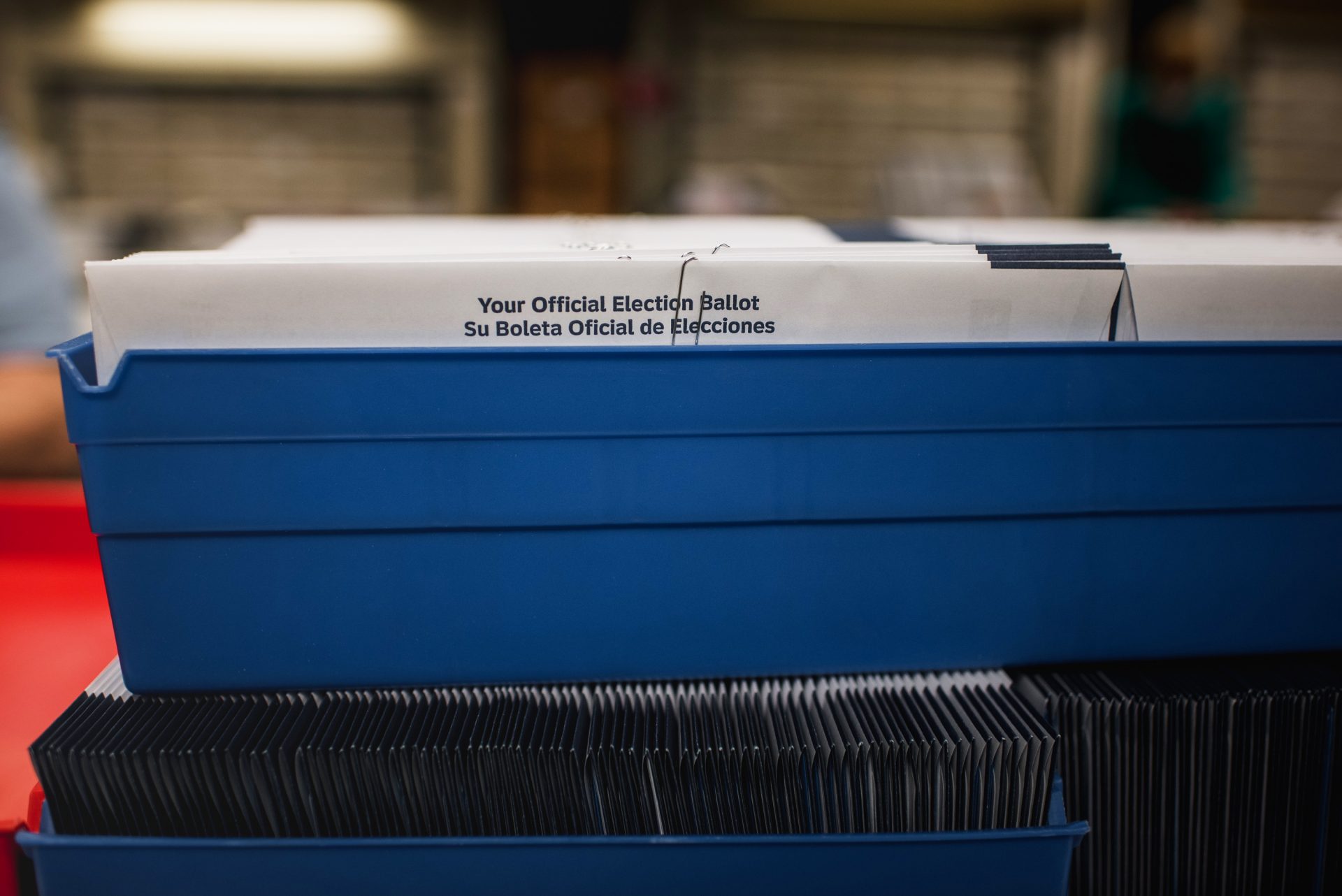 Election ballots sit in a bin at the Voter Registration office in the Lehigh County Government Center in Allentown, PA., on Tuesday, September 15, 2020.