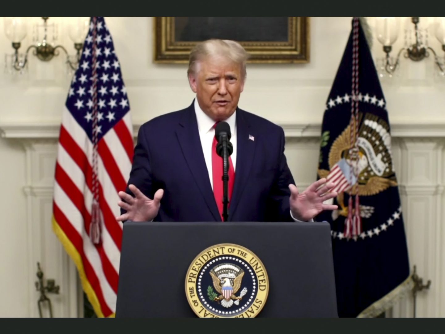 In this image made from UNTV video, U.S. President Donald Trump speaks in a pre-recorded message which was played during the 75th session of the United Nations General Assembly, Tuesday, Sept. 22, 2020, at the United Nations headquarters in New York. The U.N.'s first virtual meeting of world leaders started Tuesday with pre-recorded speeches from some of the planet's biggest powers, kept at home by the coronavirus pandemic that will likely be a dominant theme at their video gathering this year. (UNTV via AP)