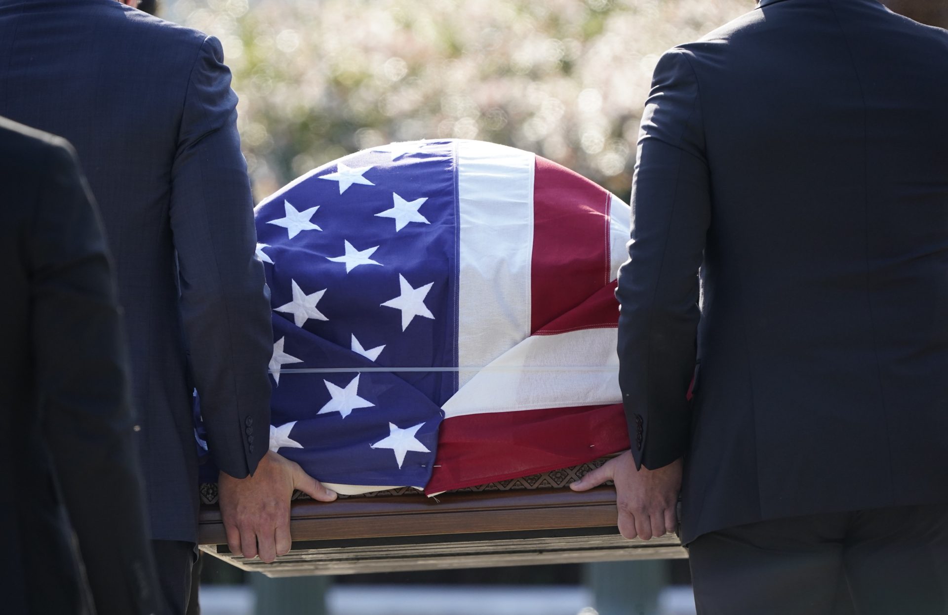 The flag-draped casket of Justice Ruth Bader Ginsburg arrives at the Supreme Court in Washington, Wednesday, Sept. 23, 2020. Ginsburg, 87, died of cancer on Sept. 18. 