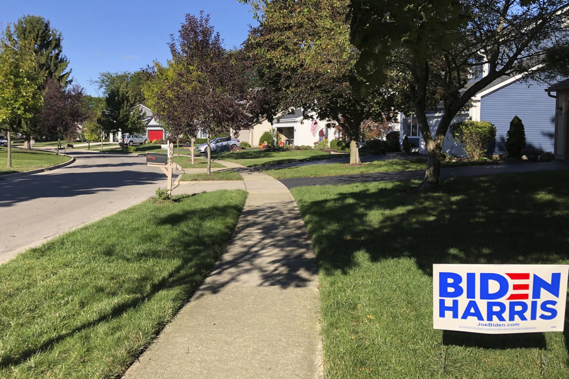 A Biden for President sign in a lawn of suburban Dublin, Ohio, on Friday, Sept. 18, 2020. In the campaign for House control, some districts are seeing a fight between Democrats saying they'll protect voters from Republicans willing to take their health coverage away, while GOP candidates are raising specters of rioters imperiling neighborhoods if Democrats win.