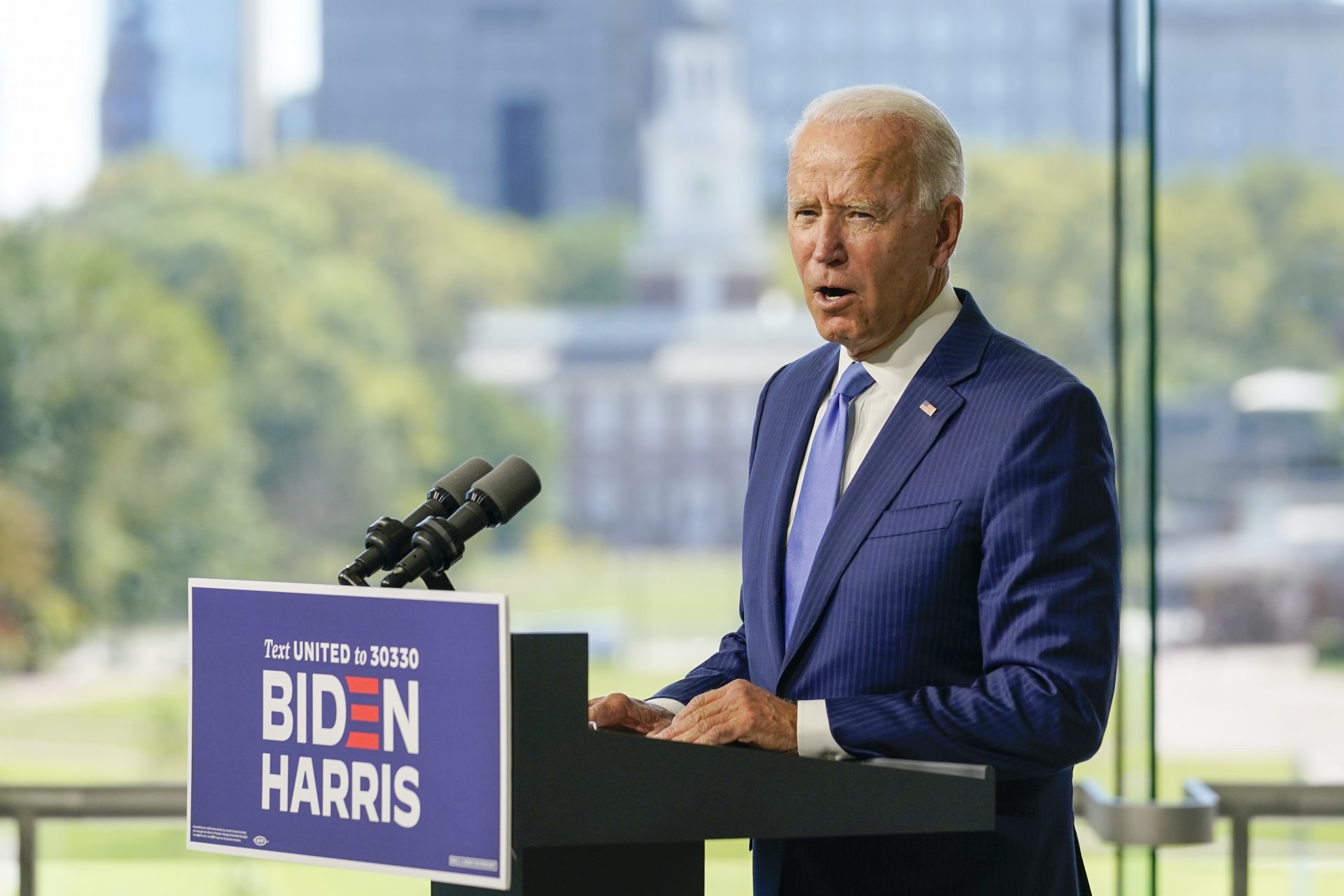 Democratic presidential candidate and former Vice President Joe Biden speaks at the Constitution Center in Philadelphia, Sunday, Sept. 20, 2020, about the Supreme Court.