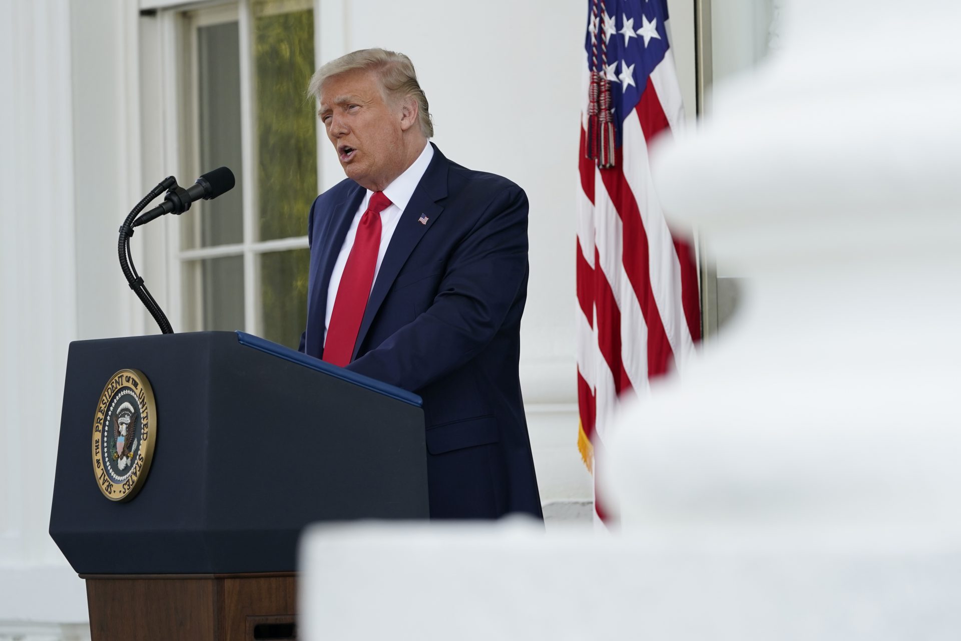 President Donald Trump speaks during a news conference on the North Portico of the White House, Monday, Sept. 7, 2020, in Washington. 