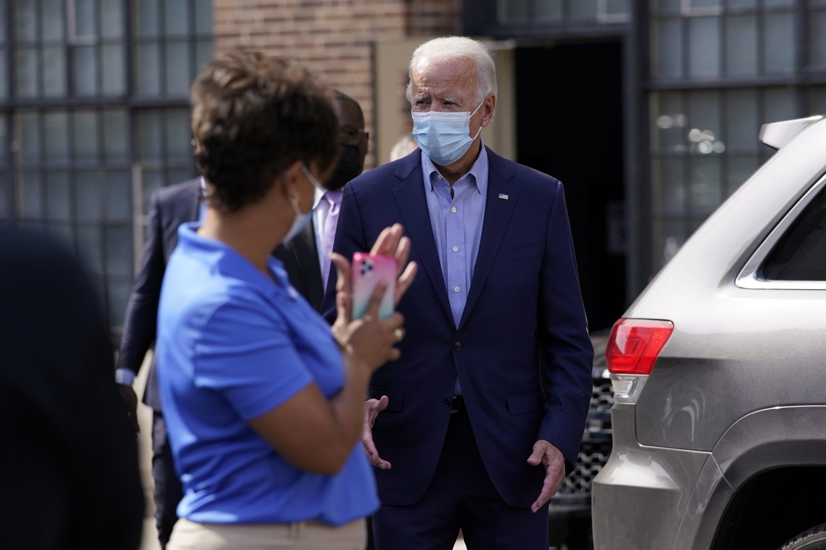 Democratic presidential candidate former Vice President Joe Biden meets with union leaders outside at the AFL-CIO headquarters in Harrisburg, Pa., Monday, Sept. 7, 2020. 