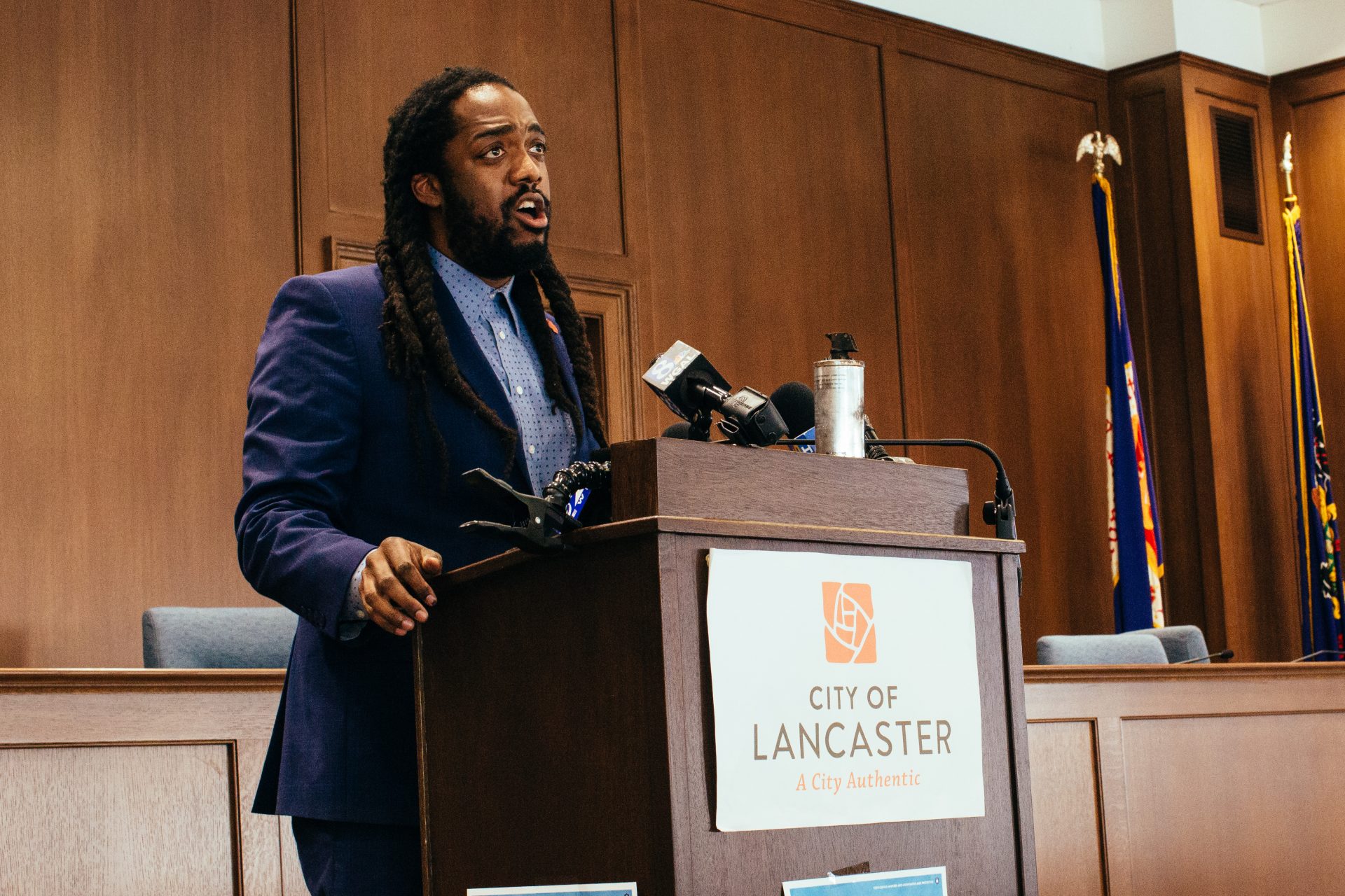 Lancaster City Council president Ismail Smith-Wade El speaks at a press conference following the shooting, protests and destruction in Lancaster, Pa., on September 14, 2020.