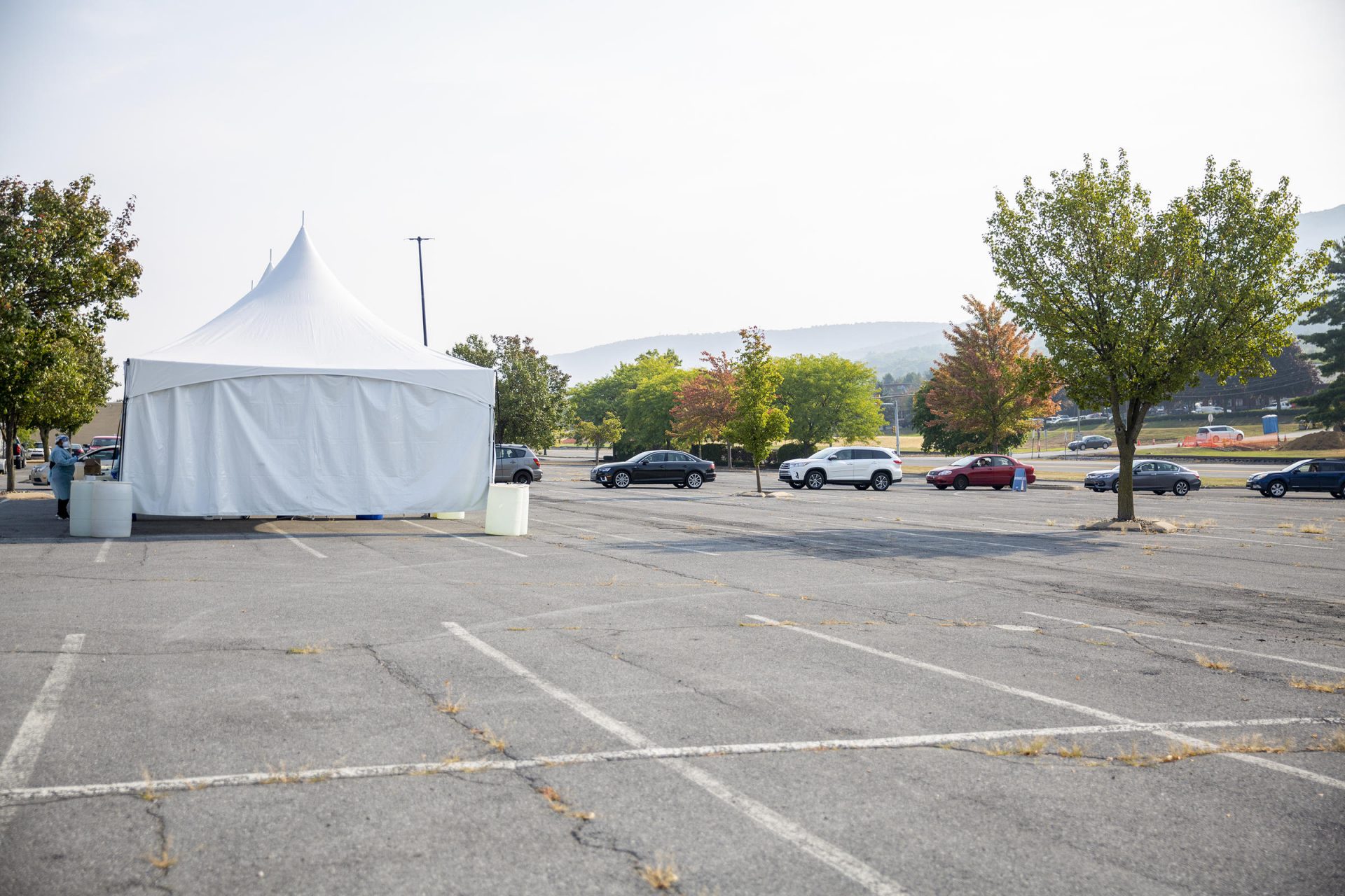 A line of cars waiting at the pop-up test site at Nittany Mall in State College.