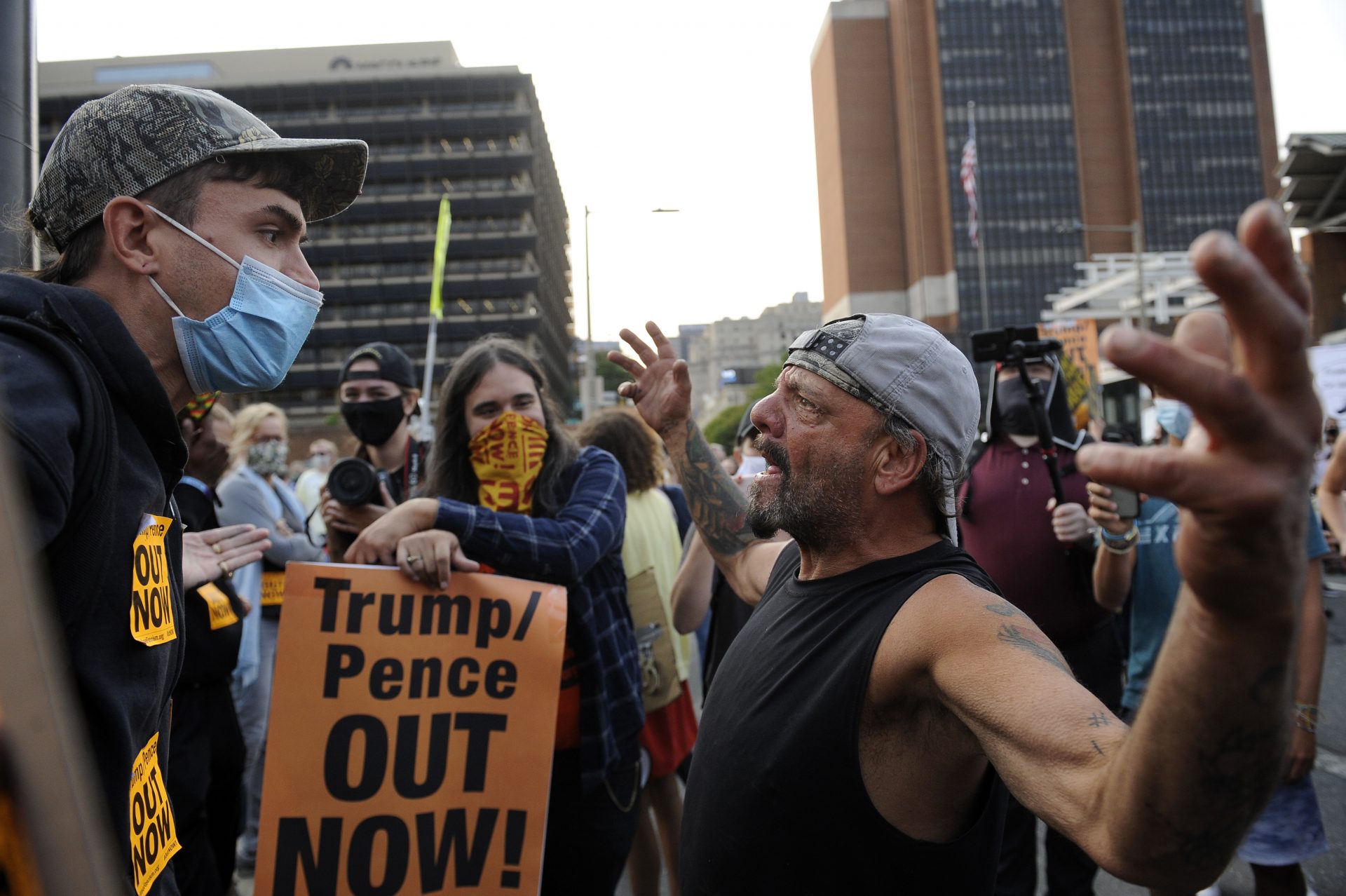 Supporters of President Donald Trump and protesters interact with each other at Independence Mall, Tuesday, Sept. 15, 2020, in Philadelphia. President Trump participated in a town hall at the National Constitution Center.