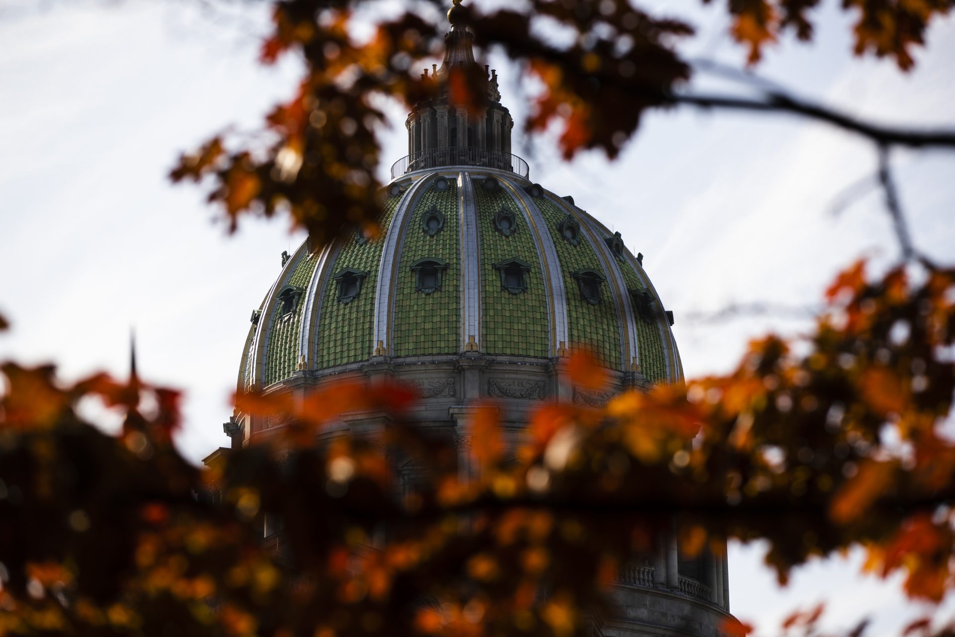 FILE PHOTO: In this file photo from Nov. 19, 2019, the dome of the Pennsylvania Capitol is visible through the fall trees in Harrisburg, Pa.