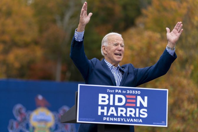 Democratic presidential candidate former Vice President Joe Biden speaks at a drive-in campaign stop at Bucks County Community College in Bristol, Pa., Saturday, Oct. 24, 2020.