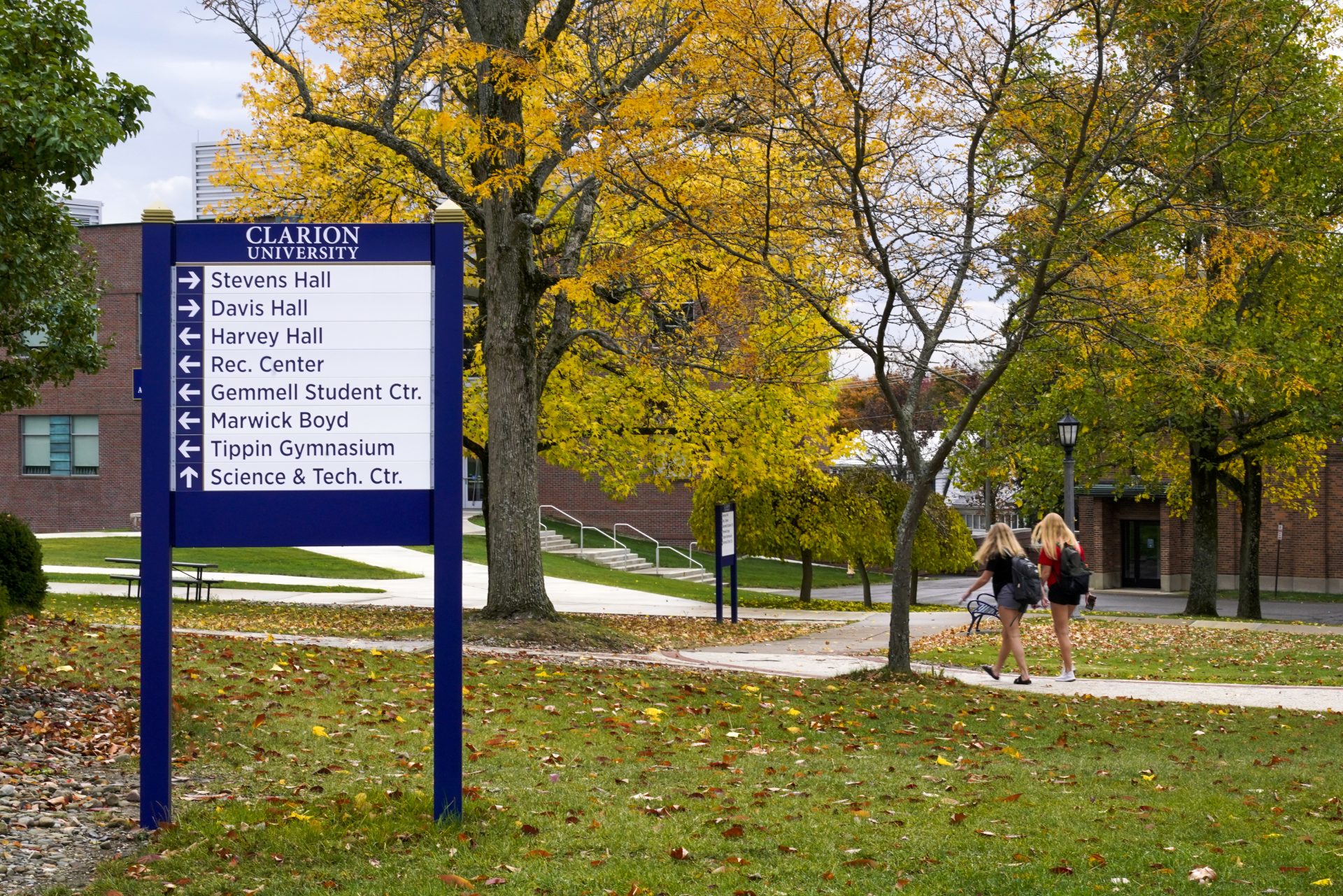 Students walk through the campus of Clarion University in Clarion, Pa, on Wednesday, Oct. 21, 2020.