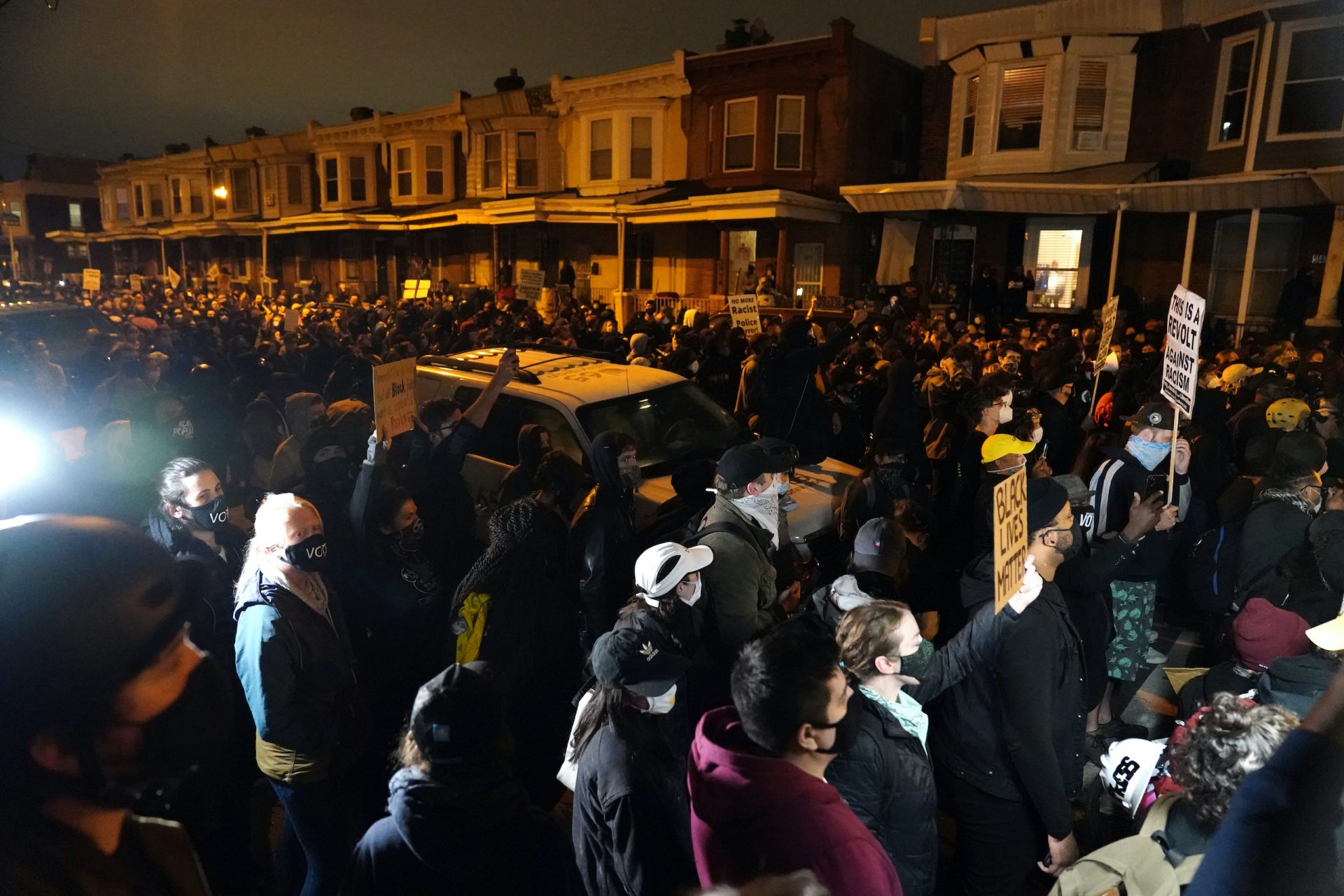 Protestors confront police during a march Tuesday Oct. 27, 2020 in Philadelphia. Hundreds of demonstrators marched in West Philadelphia over the death of Walter Wallace, a Black man who was killed by police in Philadelphia on Monday. Police shot and killed the 27-year-old on a Philadelphia street after yelling at him to drop his knife.