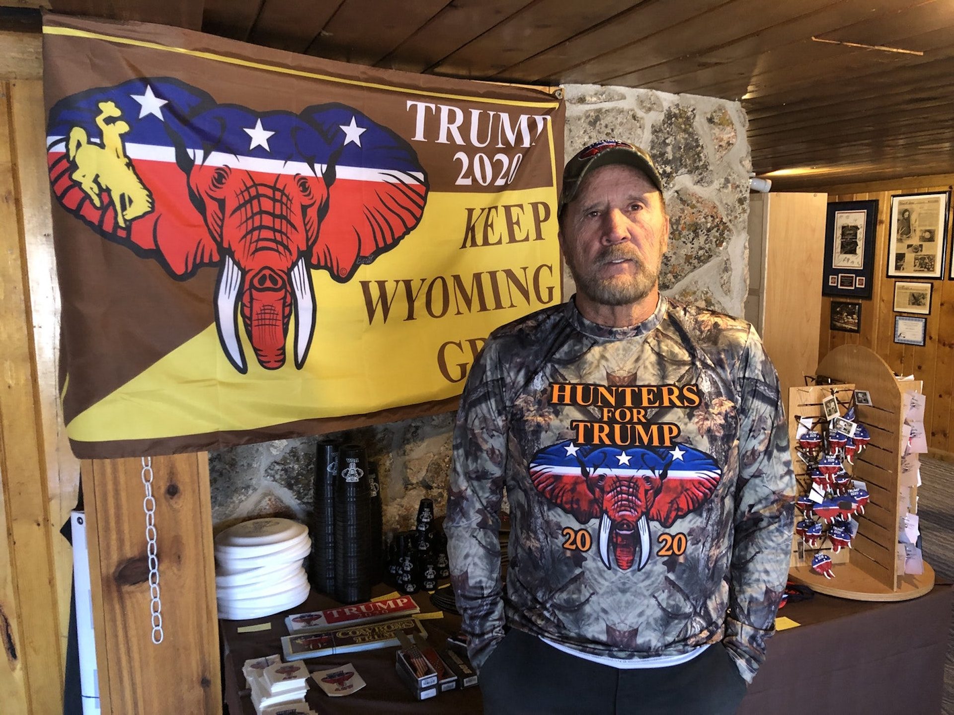 Ben Barto of Wyoming sells Donald Trump-related products from his store.