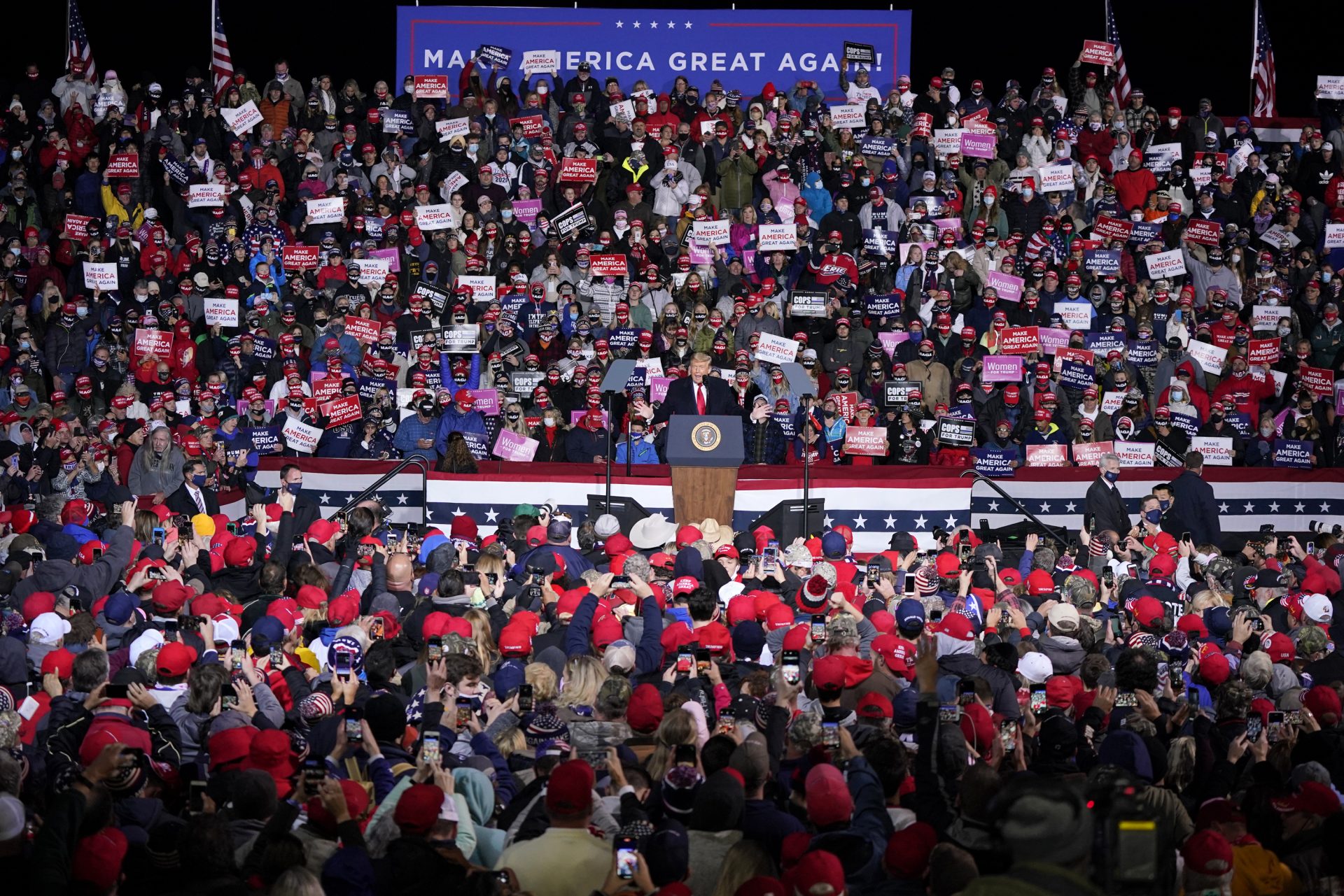 President Donald Trump speaks during a campaign rally at Erie International Airport tom Ridge Field in Erie, Pa, Tuesday, Oct. 20, 2020.