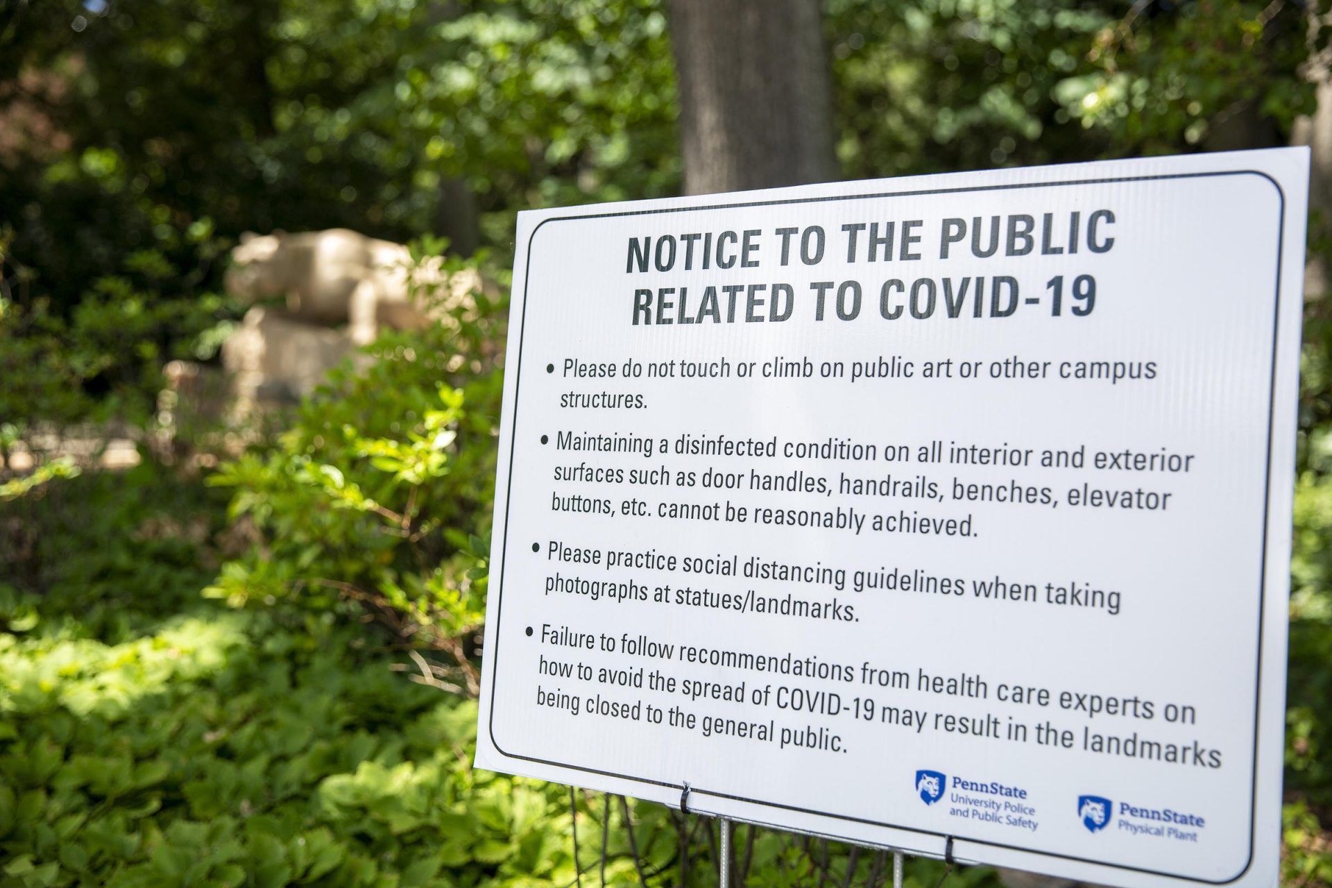 A sign on Penn State's University Park campus outlines some coronavirus precautions.