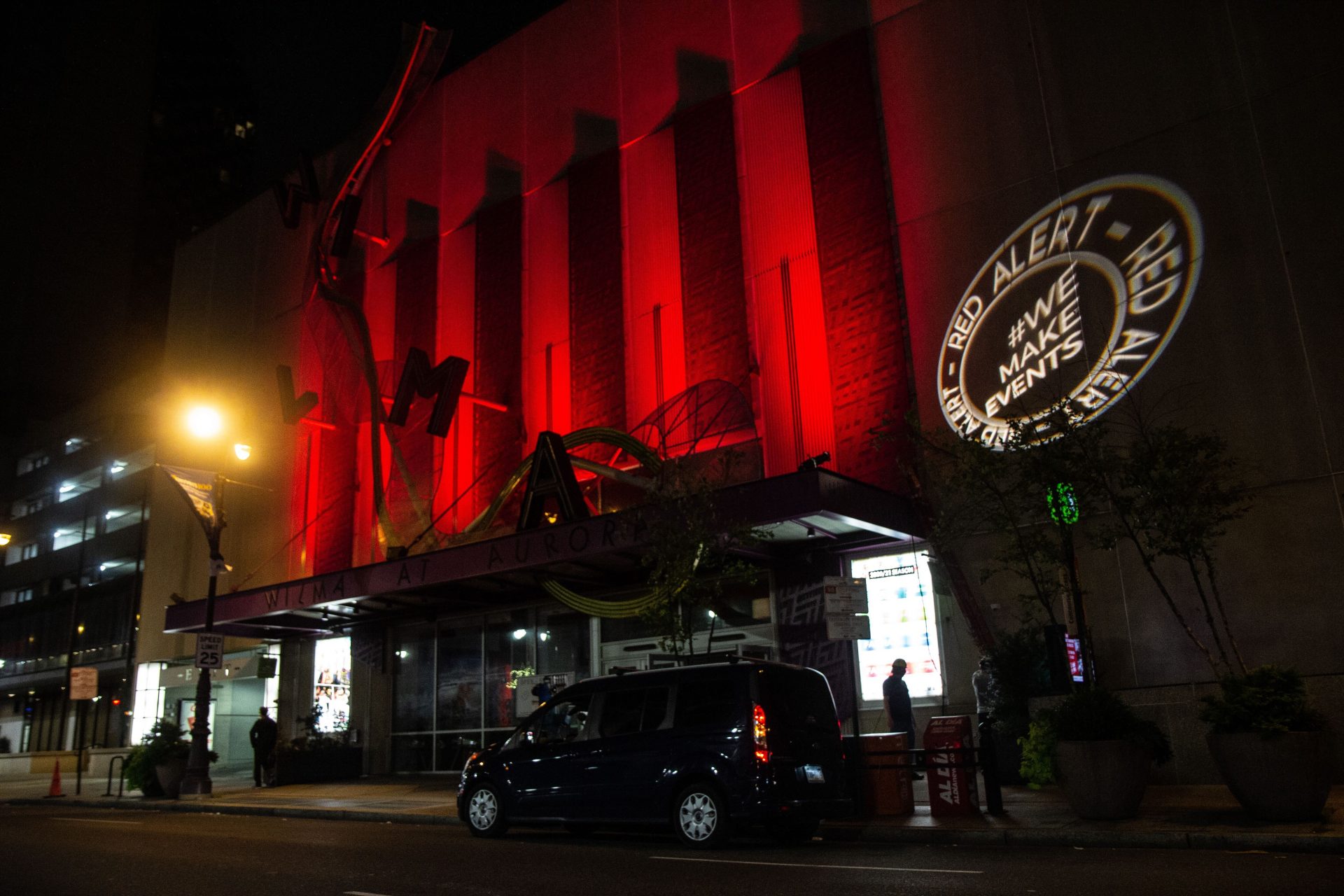 The Wilma Theater in Philadelphia lit up red for industry professionals out of work due to the pandemic.