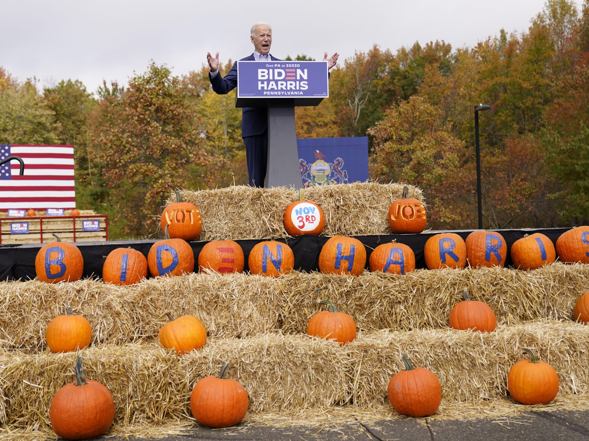 Democratic presidential candidate former Vice President Joe Biden speaks at a campaign stop at Bucks County Community College, Saturday, Oct. 24, 2020, in Bristol, Pa.