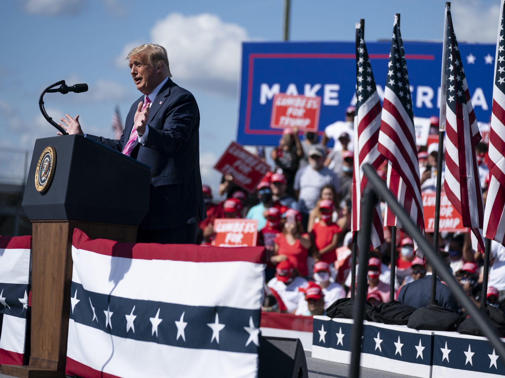 President Donald Trump speaks during a campaign rally at Robeson County Fairgrounds, Saturday, Oct. 24, 2020, in Lumberton, N.C.