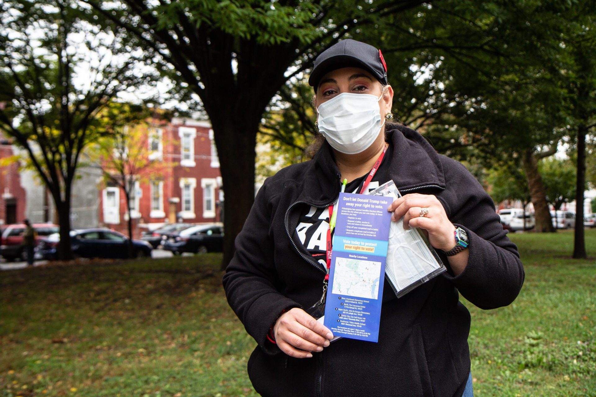 Iris Sanchez is a housekeeper in Atlantic City with Unite Here, out in Philadelphia Monday knocking on doors with information on how to vote.