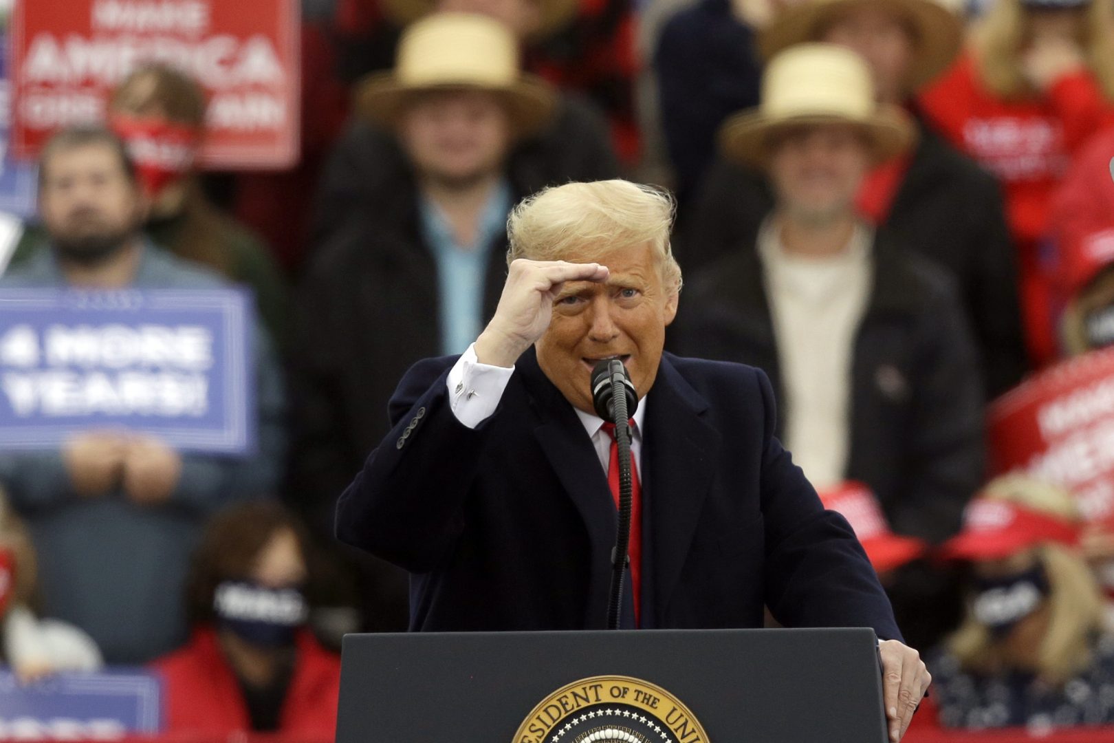 President Donald Trump gestures as he speaks at a campaign rally at Lancaster Airport, Monday, Oct. 26, 2020 in Lititz, Pa. 