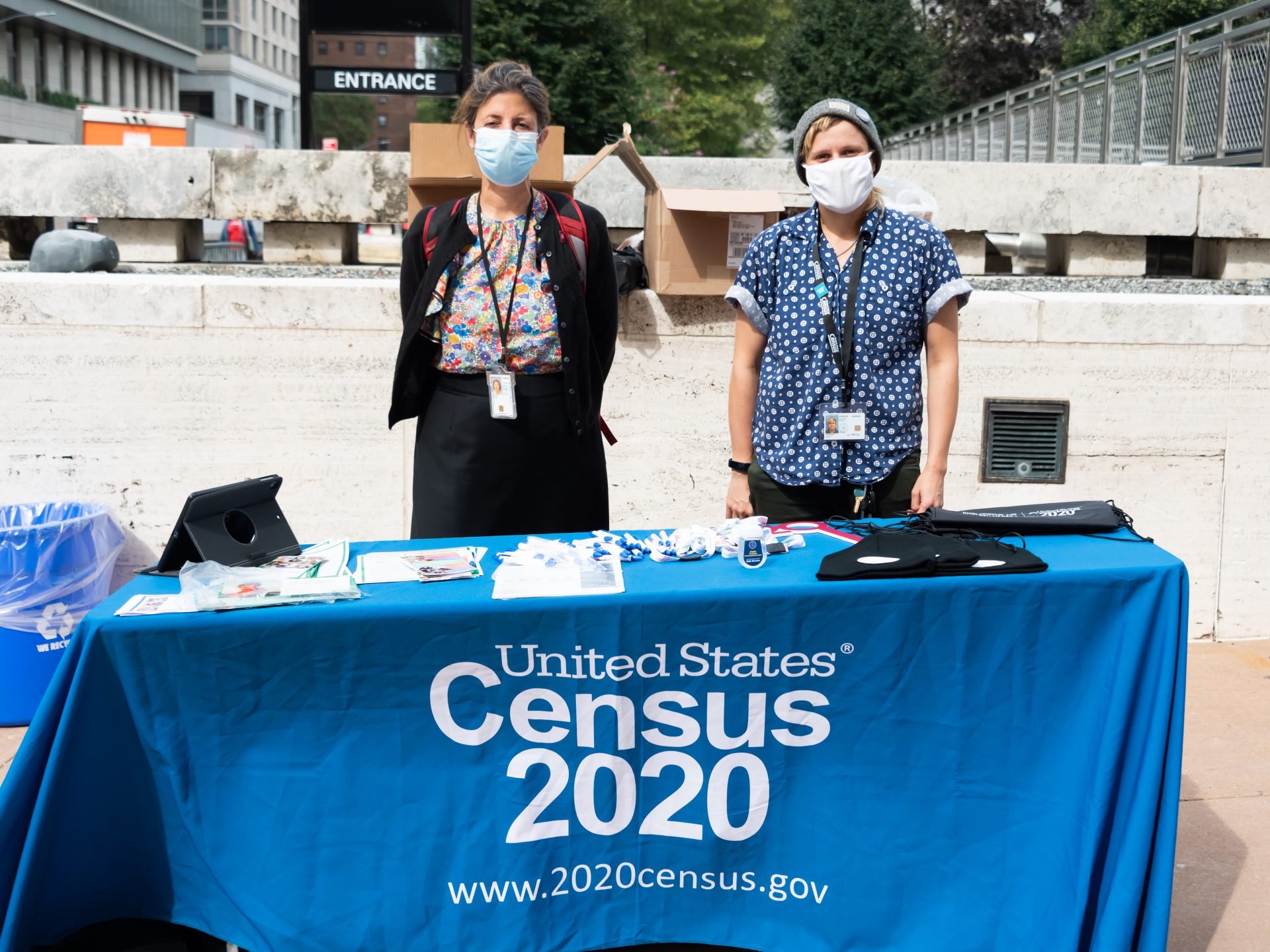 U.S. Census Bureau workers stand outside the Lincoln Center in New York City in September. A federal judge has ordered the bureau to keep counting for the 2020 census through Oct. 31 for now.