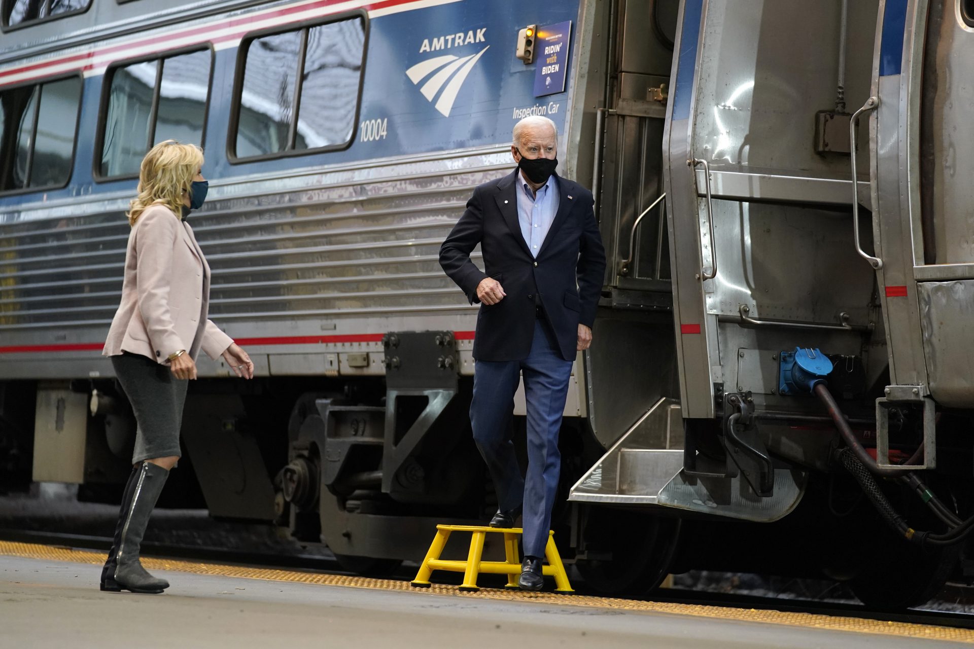 Democratic presidential candidate former Vice President Joe Biden and Jill Biden, arrive to speak at Amtrak's Pittsburgh Train Station, Wednesday, Sept. 30, 2020, in Pittsburgh. Biden is on a train tour through Ohio and Pennsylvania today.