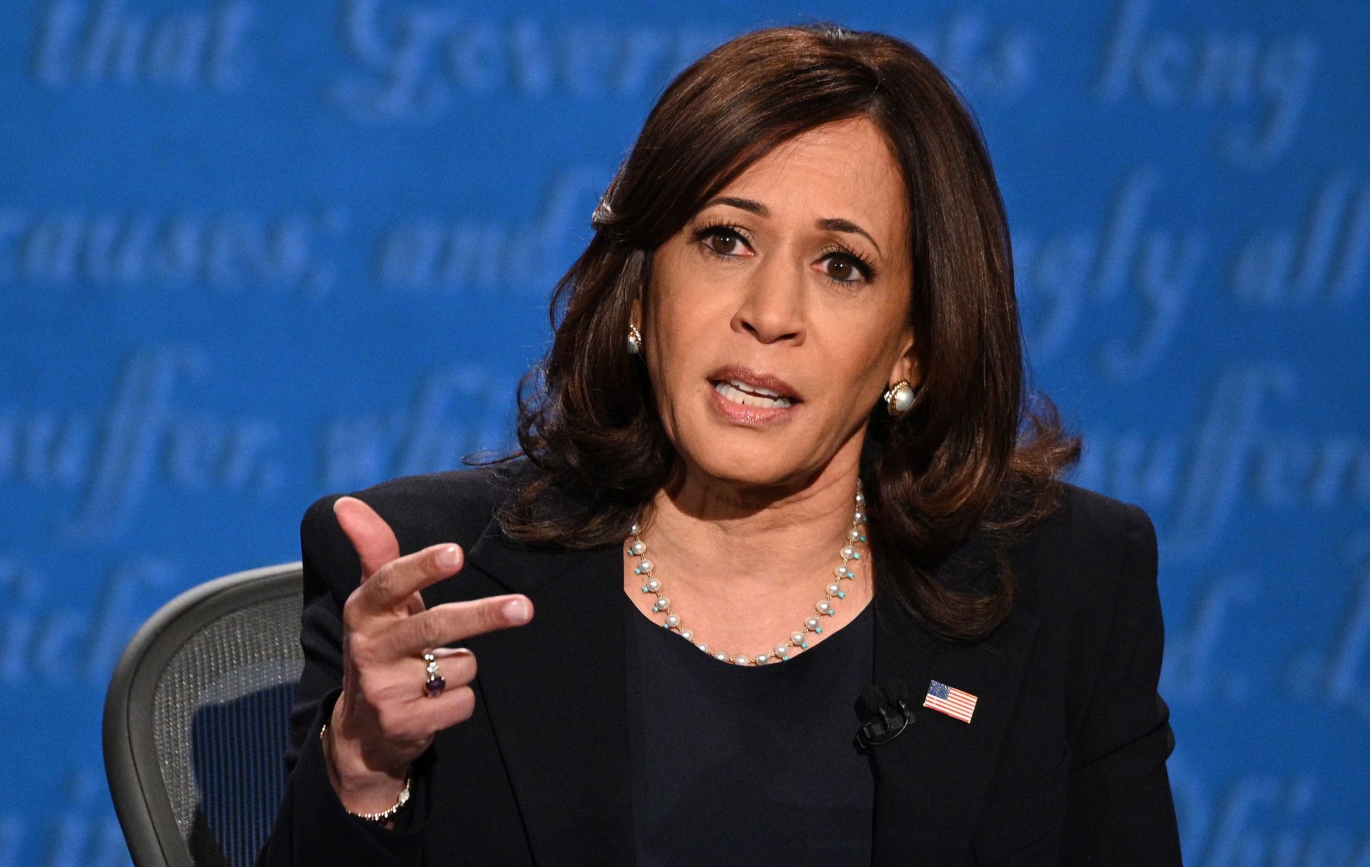 Sen. Kamala Harris, D-Calif., speaks during Wednesday's debate with Vice President Mike Pence.