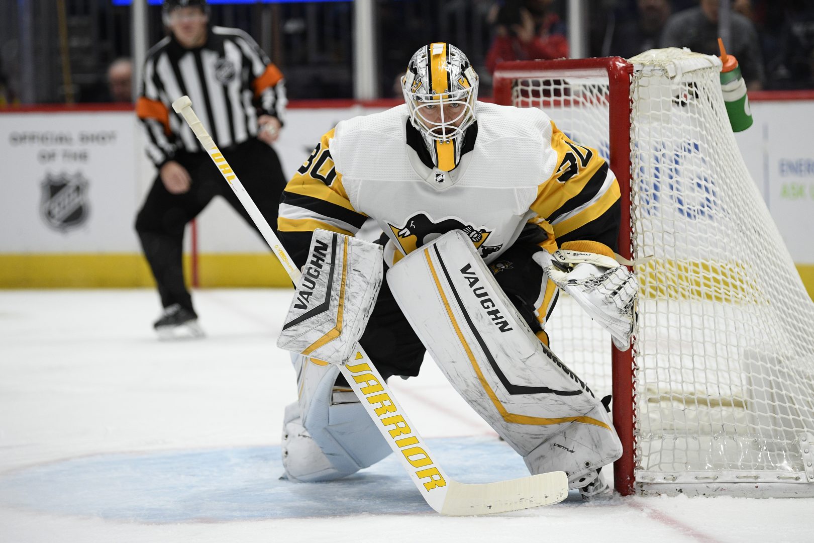 Pittsburgh Penguins goaltender Matt Murray (30) stands on the ice during the second period of an NHL hockey game against the Washington Capitals, Sunday, Feb. 23, 2020, in Washington. 