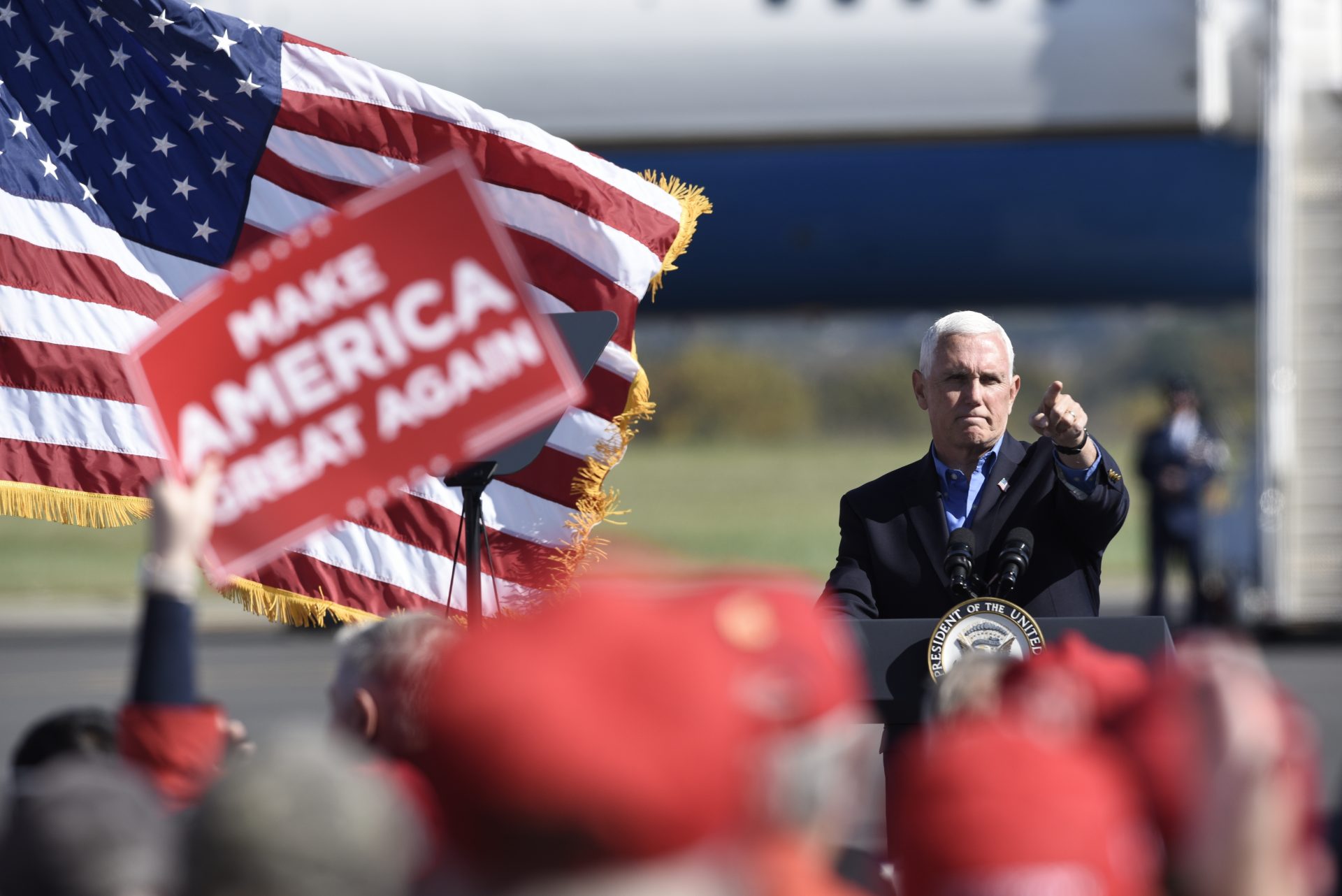 Vice President Mike Pence speaks at a campaign rally held at the Reading Regional Airport, Saturday, Oct. 17, 2020, in Reading, Pa.