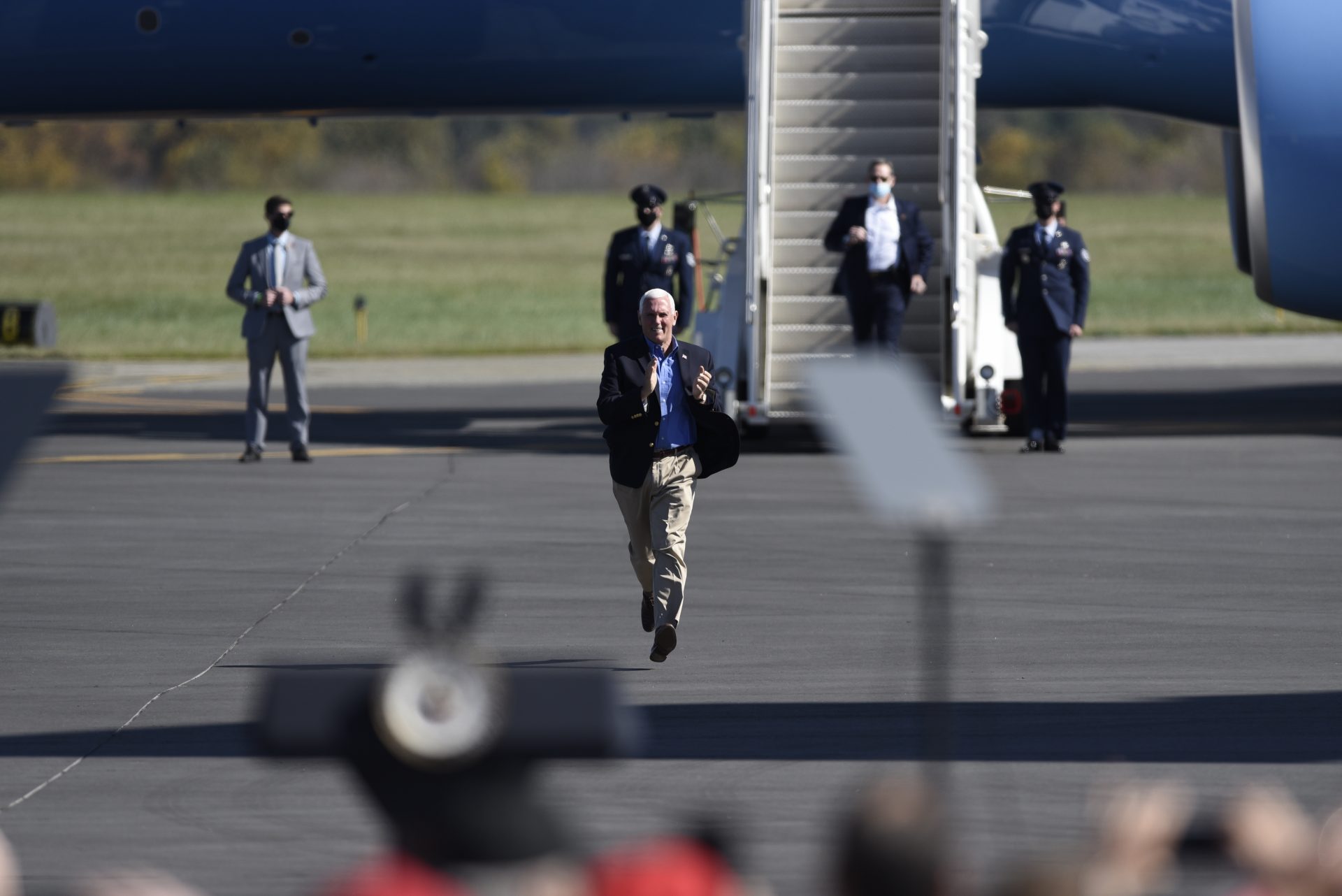 Vice President Mike Pence arrives at a campaign rally held at the Reading Regional Airport, Saturday, Oct. 17, 2020, in Reading, Pa.
