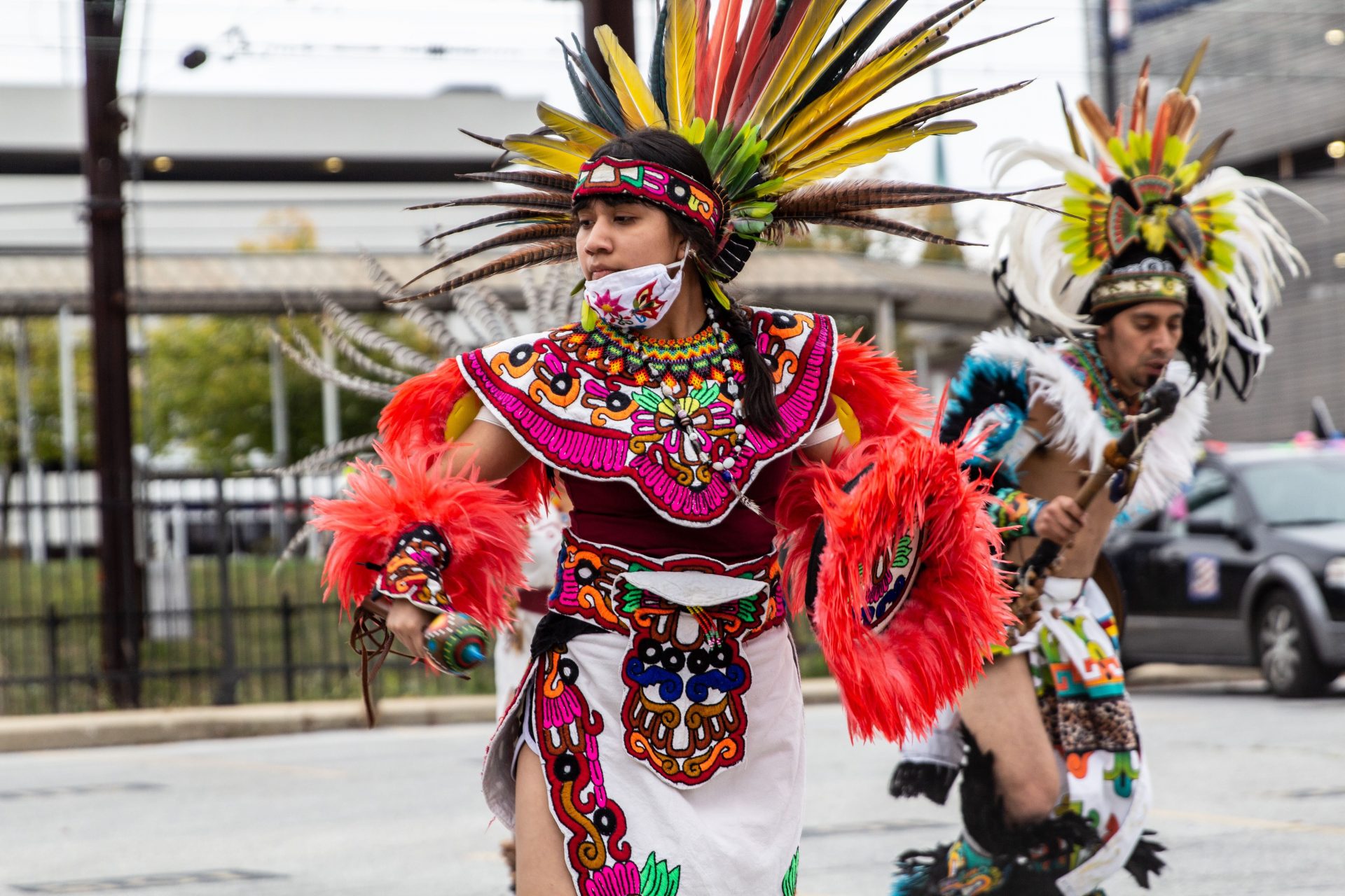 Miranda Victoria, an Indigenous dancer with Kapulli Kamaxtle Xiuhcoatl, helps kick off an Indigenous Peoples’ Day celebration and protest in Montgomery County, Pa.