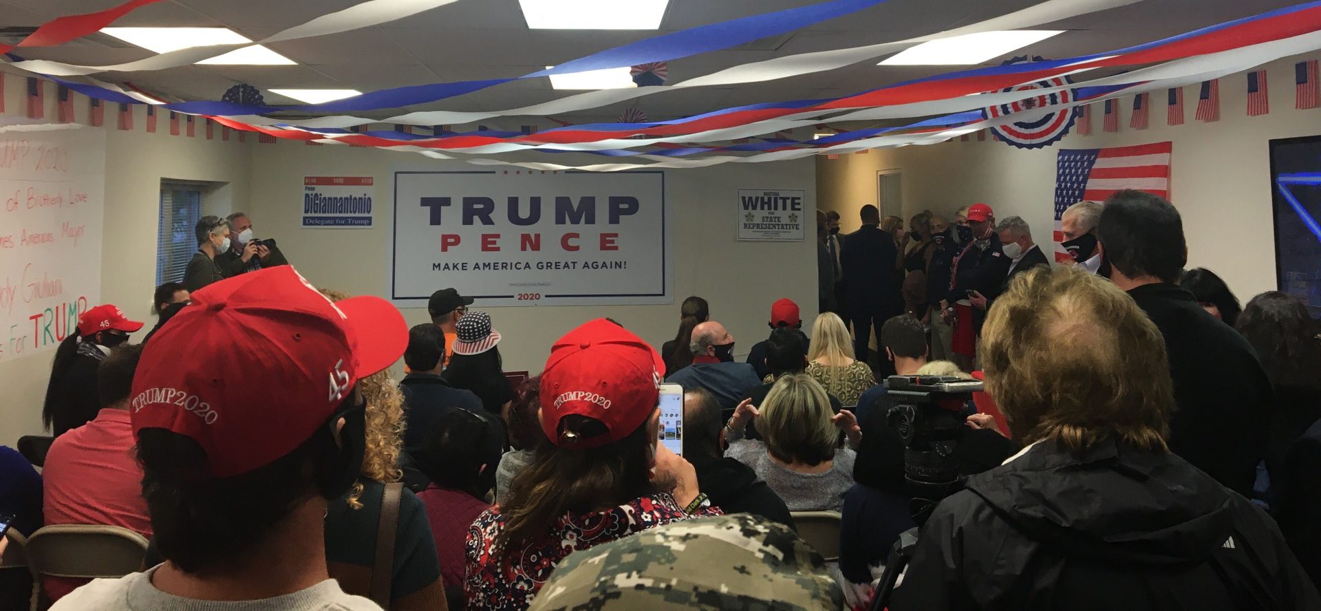 Dozens of Trump supporters packed into a cramped conference room to hear Rudy Giuliani's Columbus Day remarks in Philadelphia
