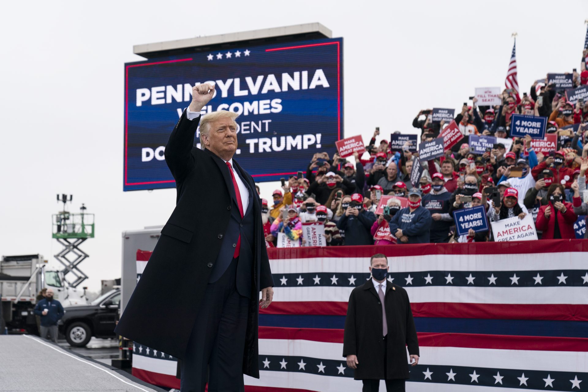 President Donald Trump arrives to speak at a campaign rally at Lancaster Airport, Monday, Oct. 26, 2020, in Lititz, Pa.