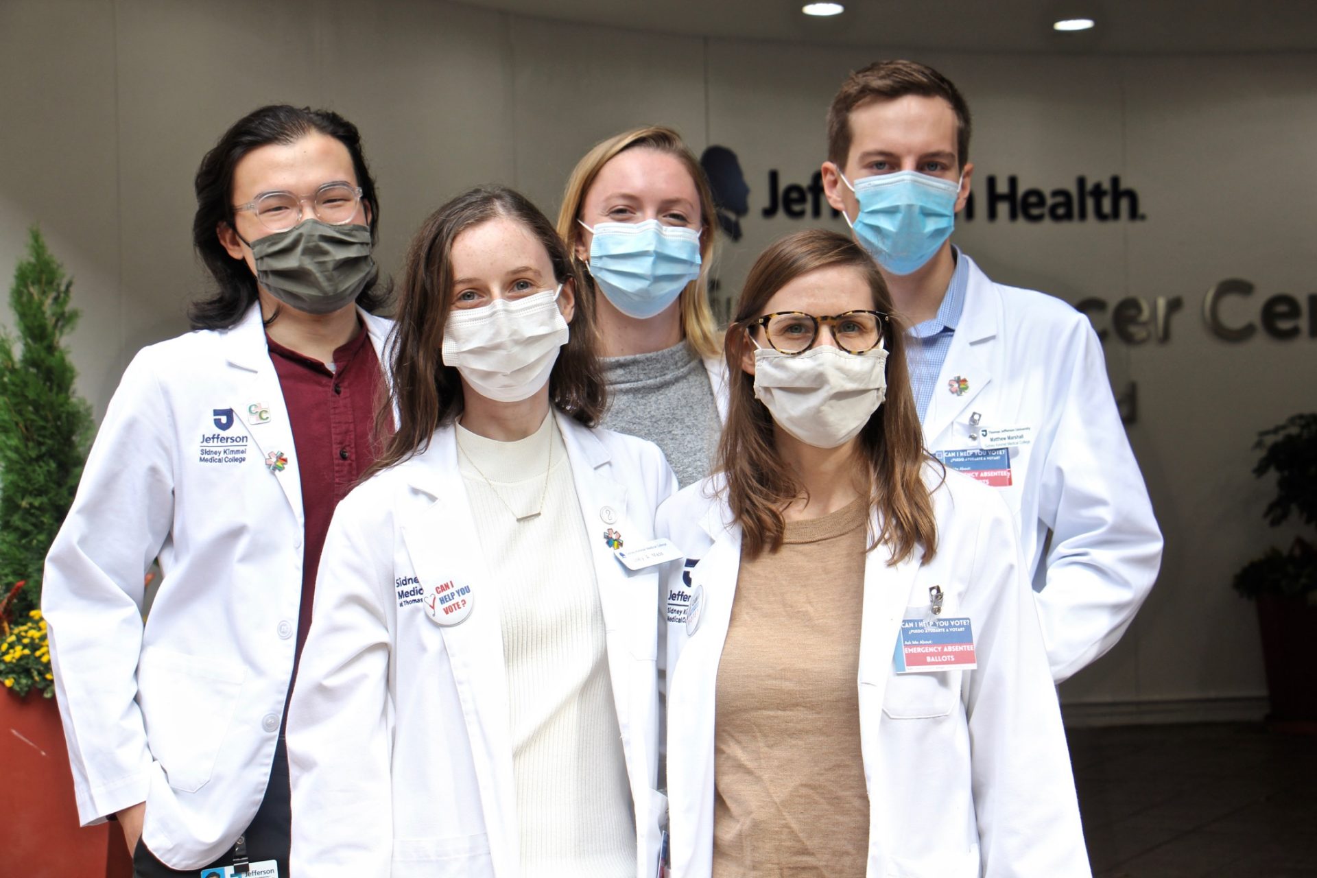 Jefferson University medical students (from left) Kevin Su, Joely  Mass, Julia Anne Dewey, Melissa Herring, and Matthew Marshall, are making sure that patients have an opportunity to vote.