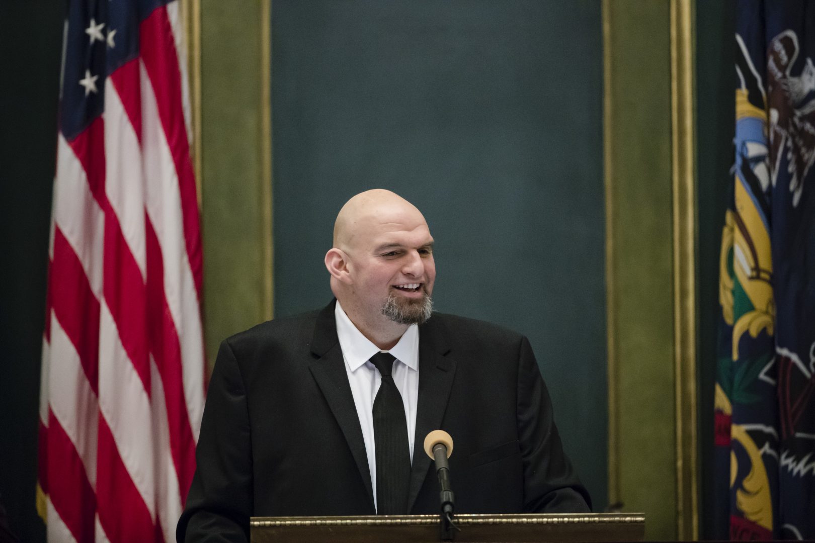 FILE PHOTO: Pennsylvania Lieutenant Governor John Fetterman speaks after he was sworn into office on Tuesday, Jan. 15, 2019, at the state Capitol in Harrisburg, Pa.